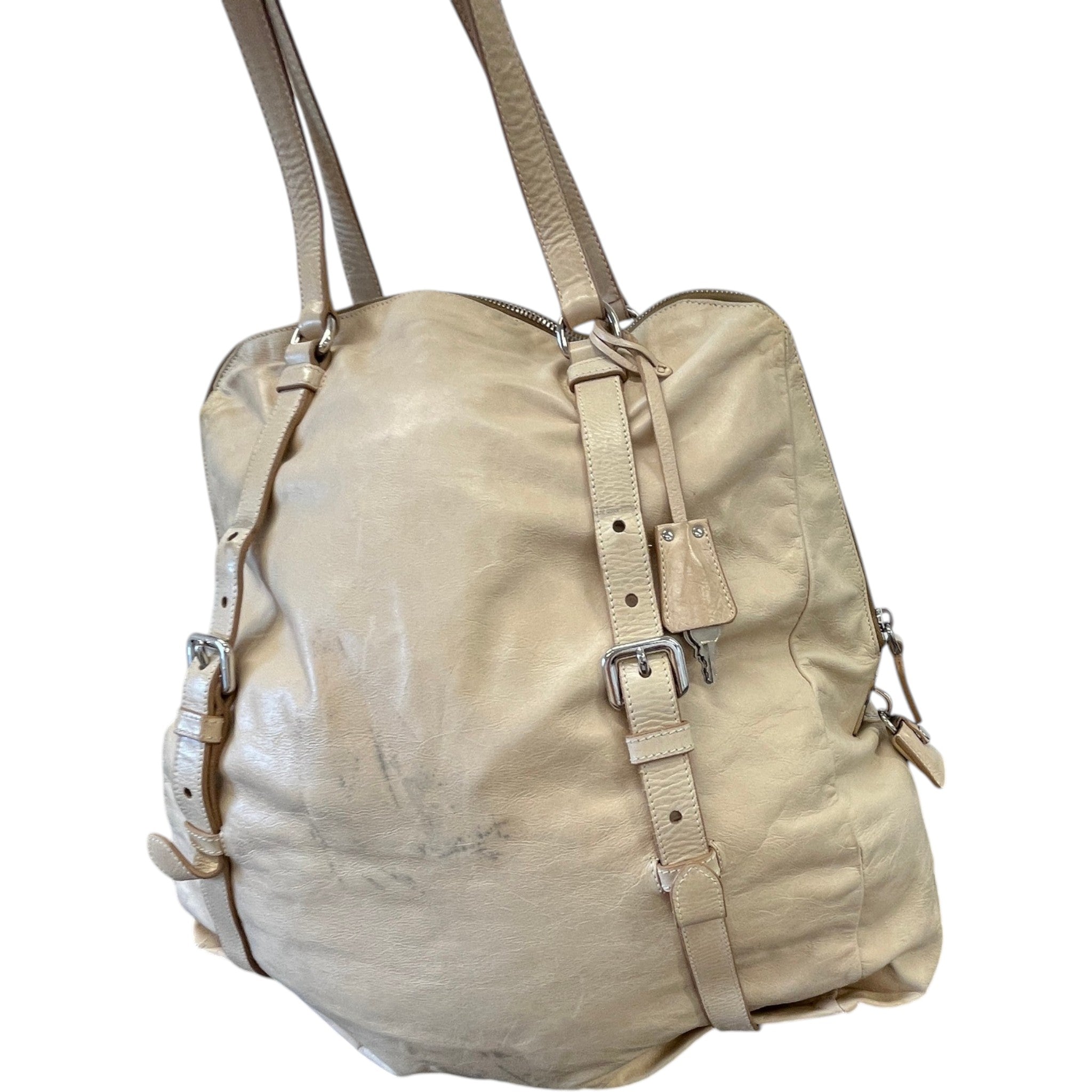 Women's Plaque Logo Dual Buckle Strap Handbag Beige