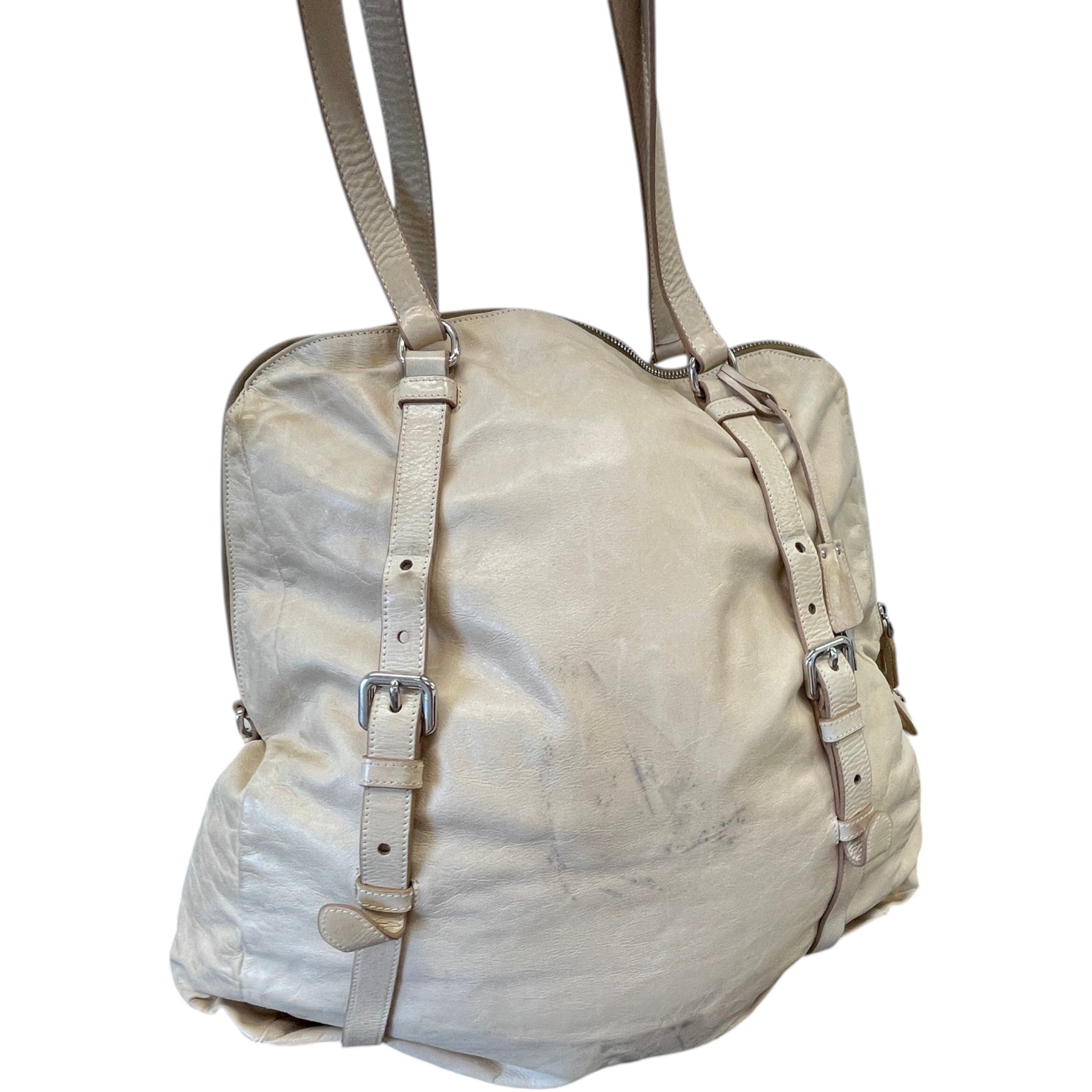 Women's Plaque Logo Dual Buckle Strap Handbag Beige