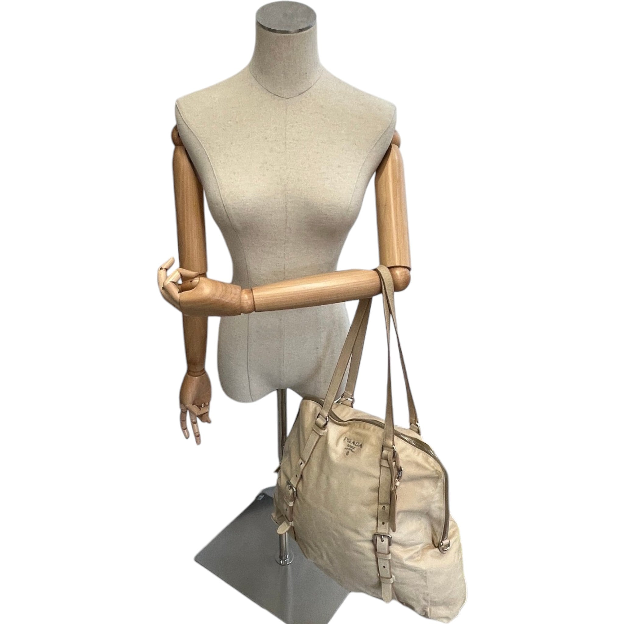 Women's Plaque Logo Dual Buckle Strap Handbag Beige