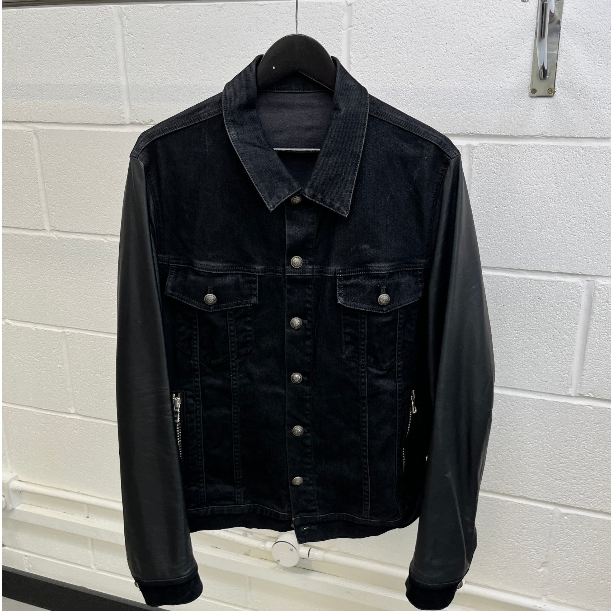 Men's Logo Denim Leather Sleeve Jacket Black Size IT 54 / XXL