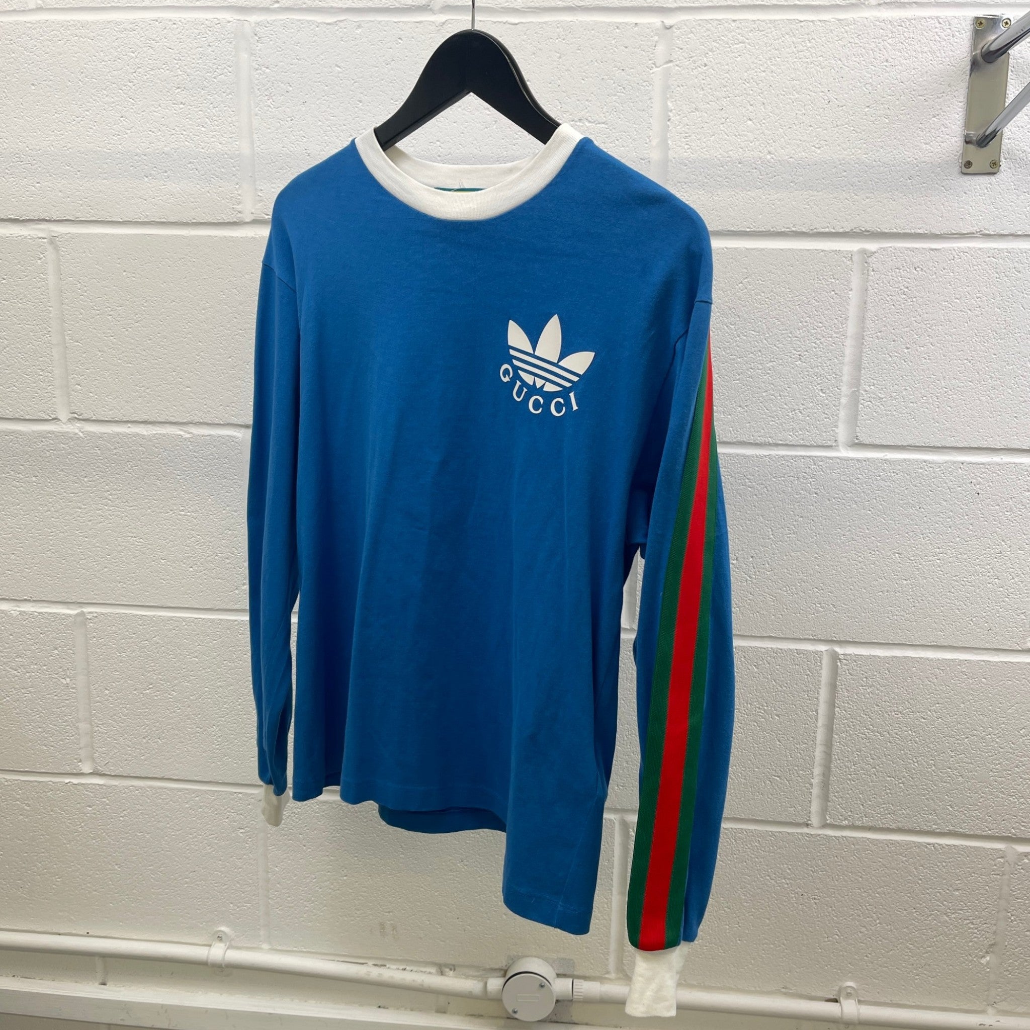 Men's X Adidas Trefoil Print Long Sleeve T-Shirt Blue Size XS