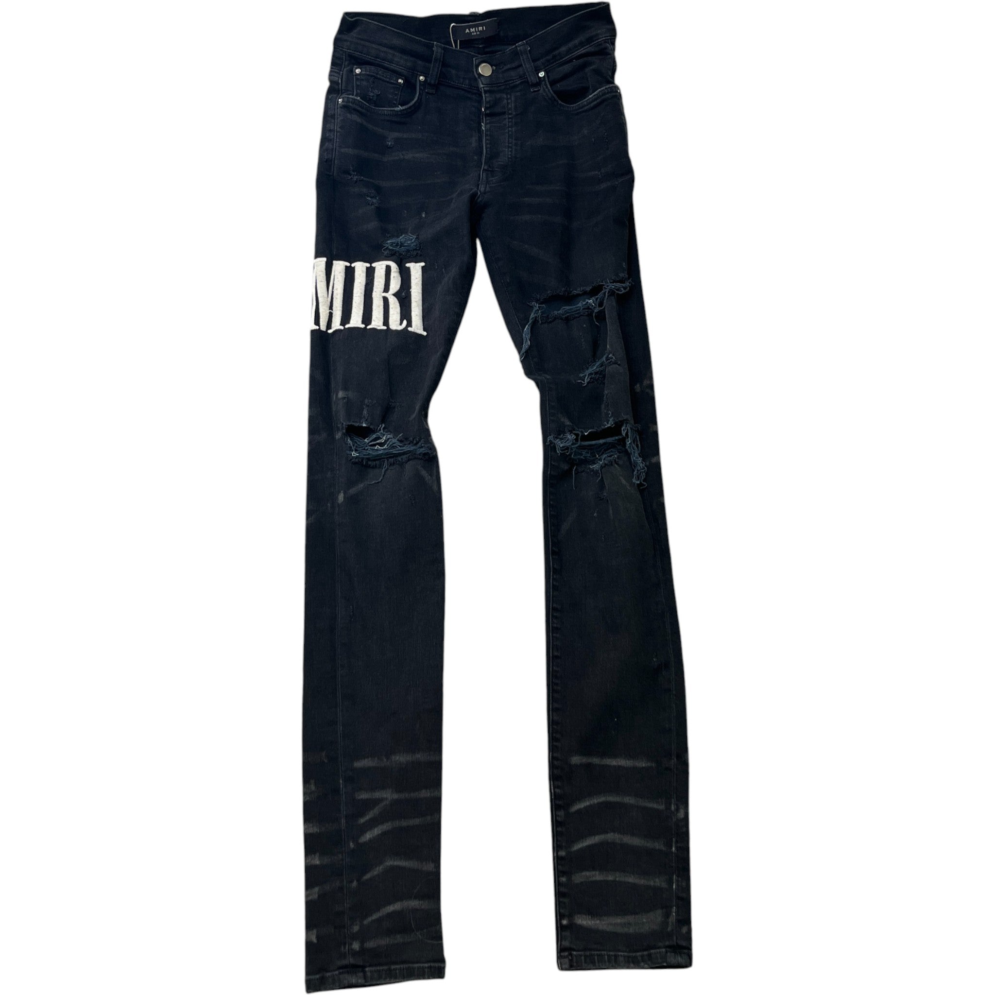 Men's Embroidered Logo Distressed Jeans Black Size Waist 30"