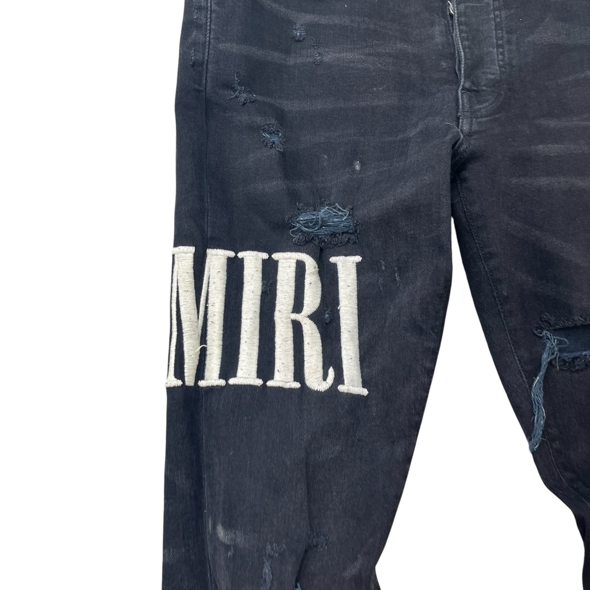 Men's Embroidered Logo Distressed Jeans Black Size Waist 30"