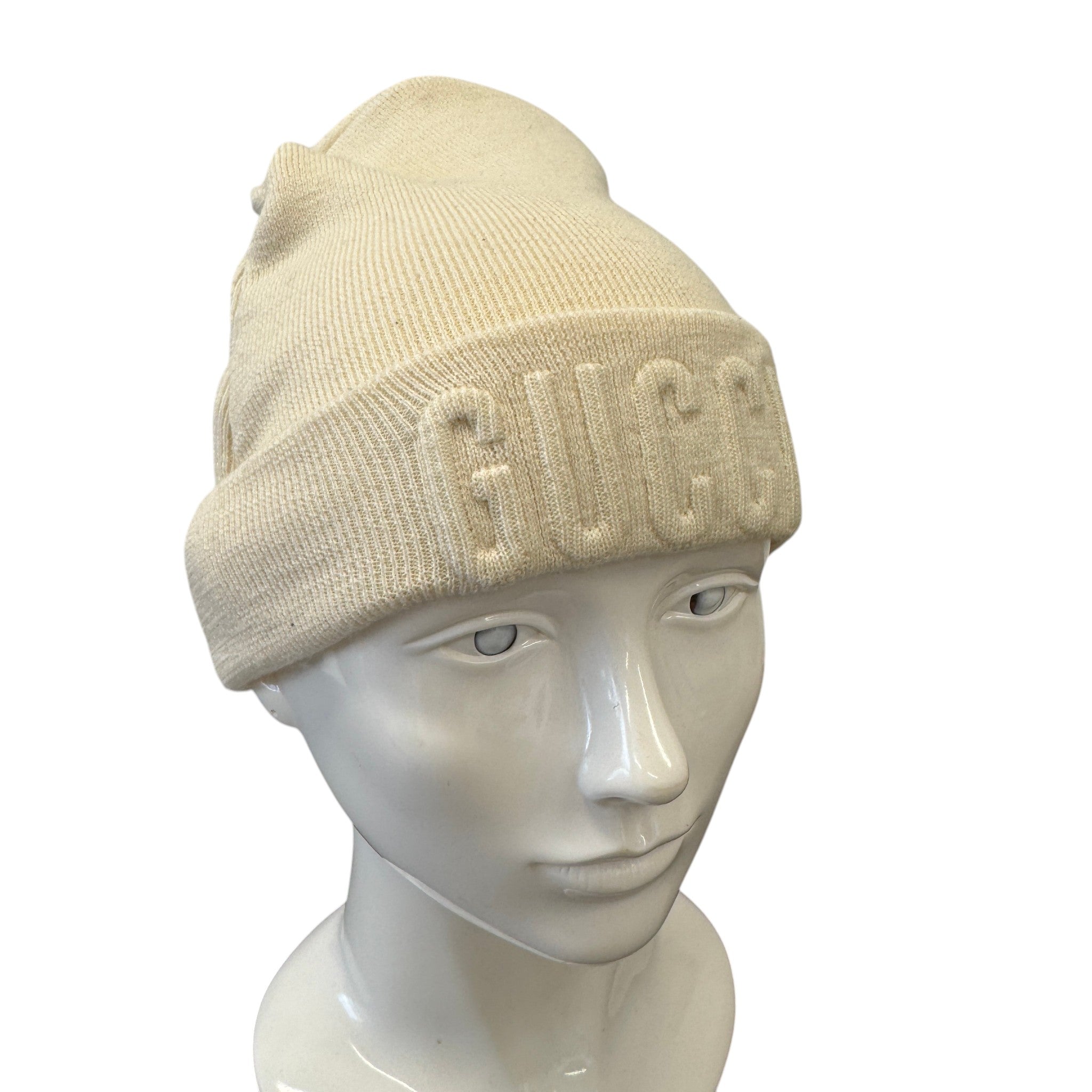 Men's Logo Embossed Beanie Hat Cream