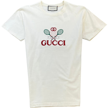 Men's Embroidered Tennis Racket Graphic T-Shirt Cream Size S