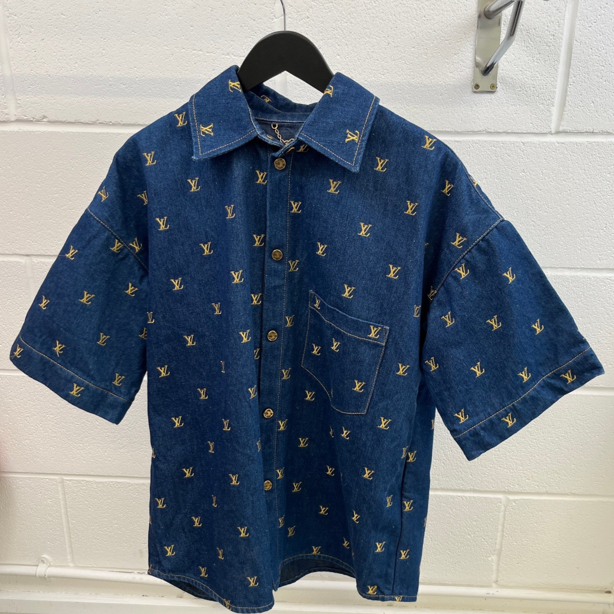 Men's Embroidered Signature Ss24 OverShirt Blue Size M