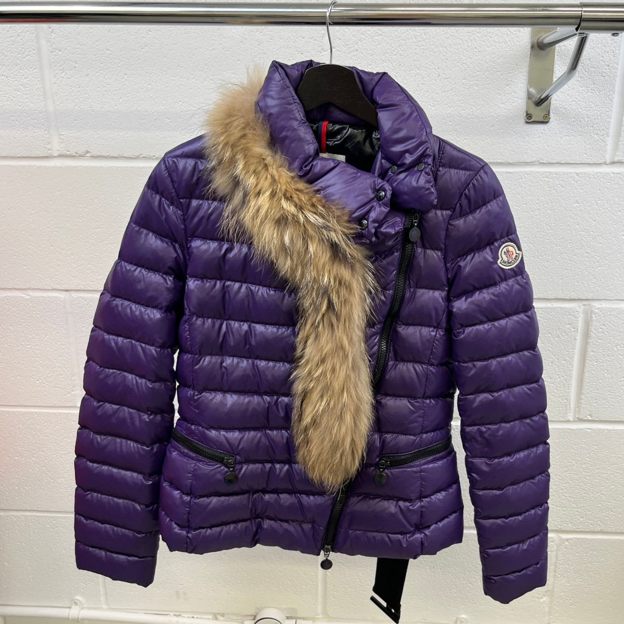 Women's Fur Trim Down Jacket Purple Size 2 / UK 12
