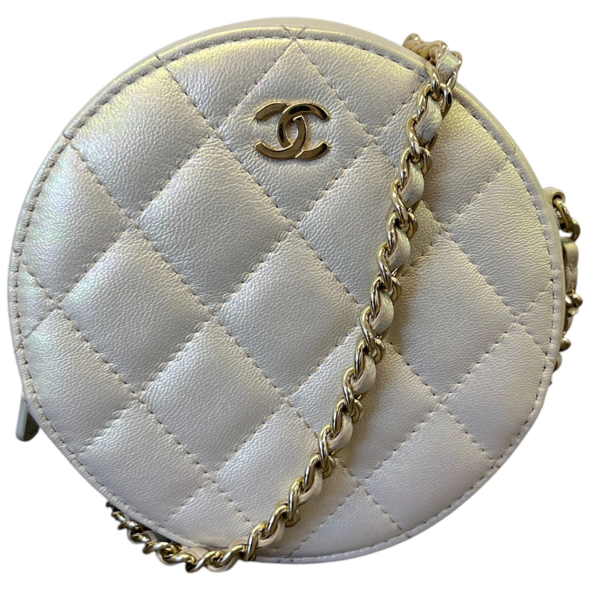 Women's Iridescent Lambskin Quilted Round Bag White
