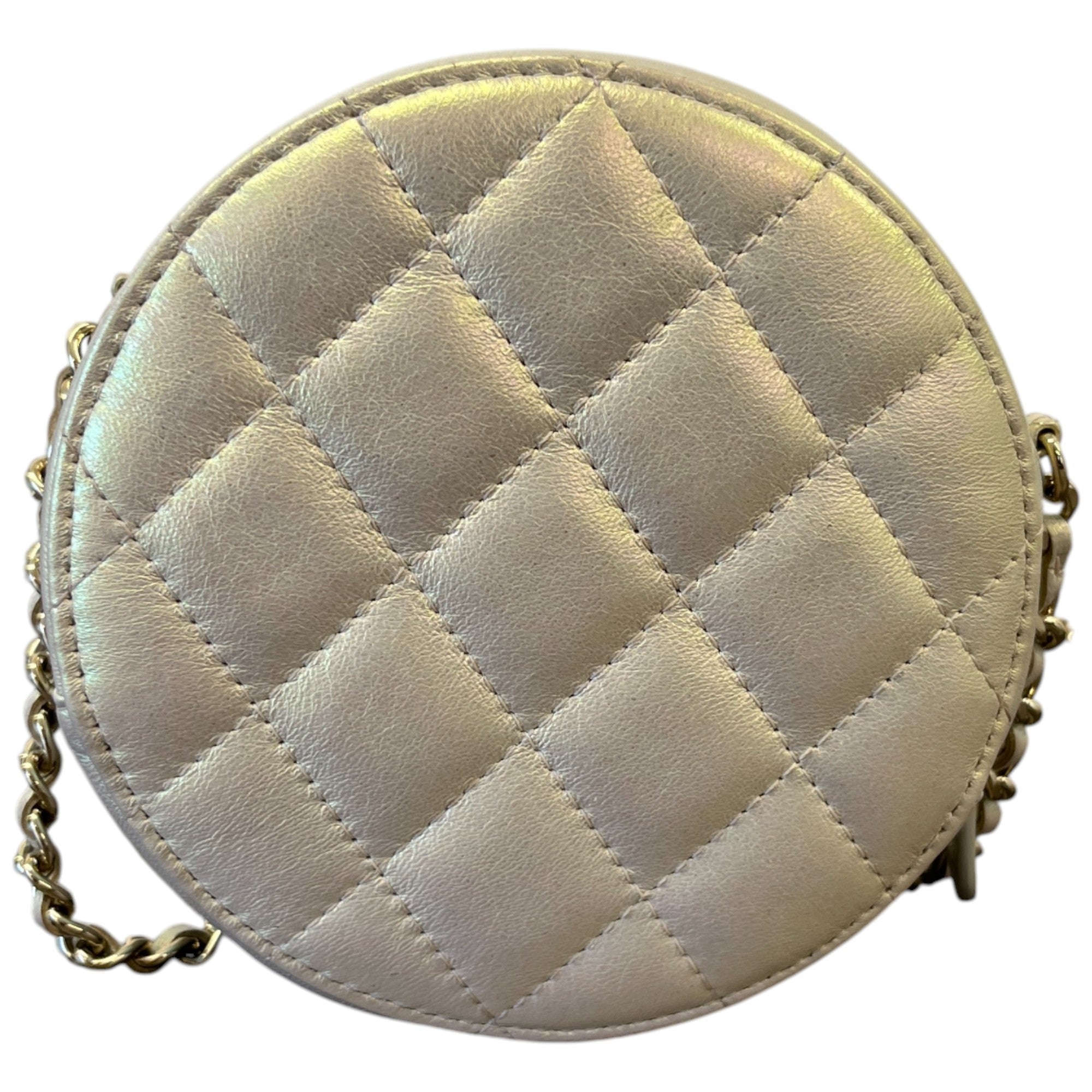 Women's Iridescent Lambskin Quilted Round Bag White