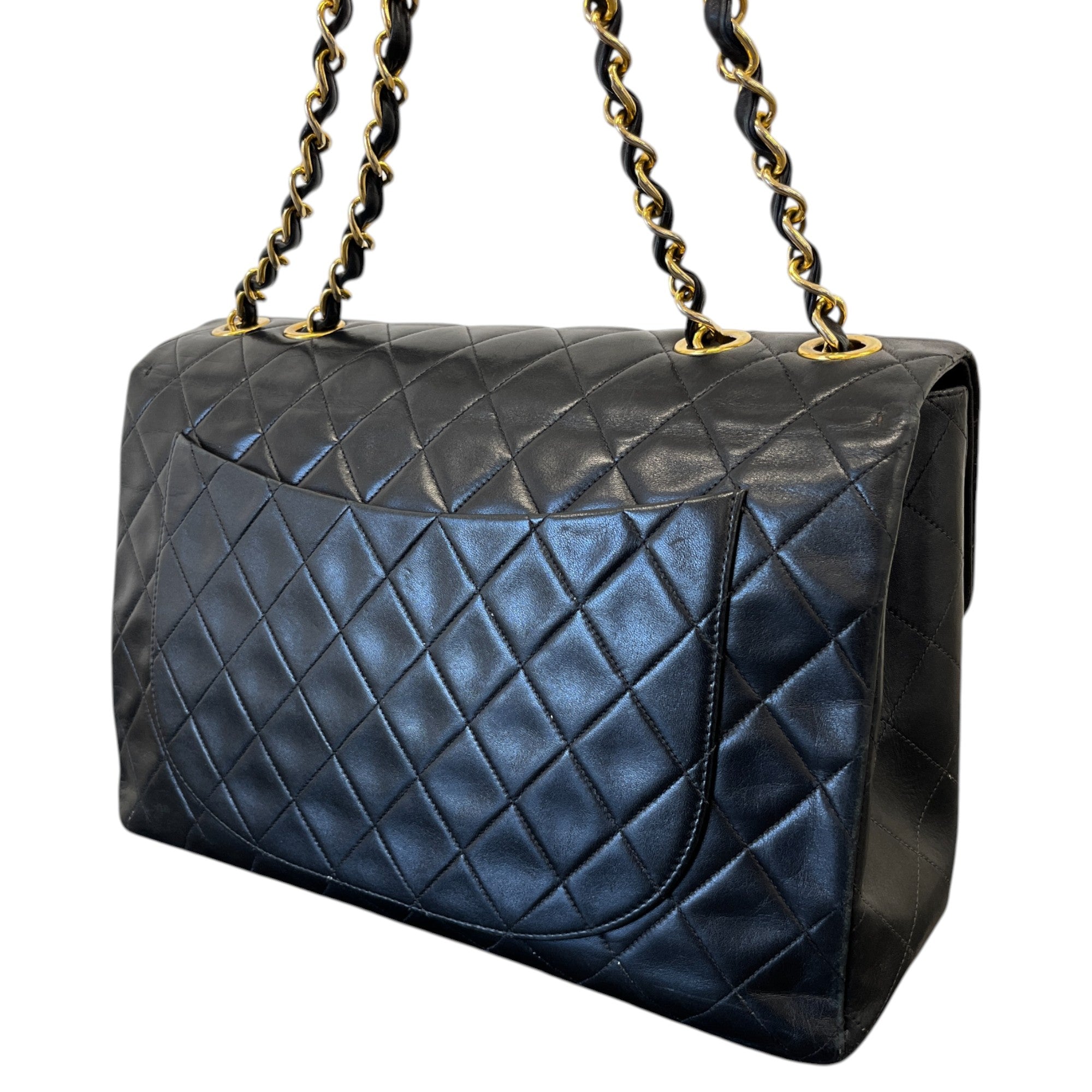 Women's Matelasse Double Chain Lamb Skin Handbag Black