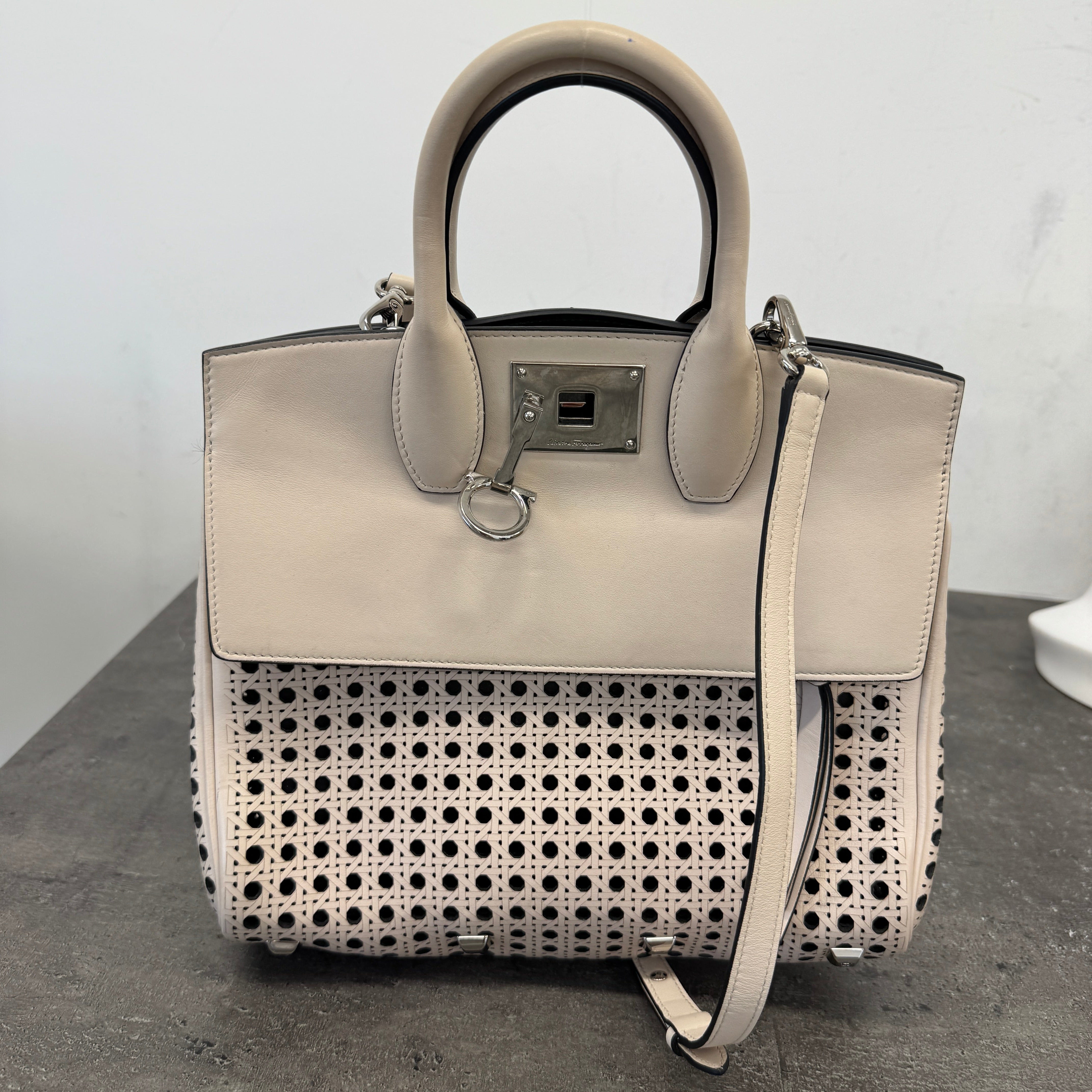 Women's Laser Cut Leather Studio Handbag Cream