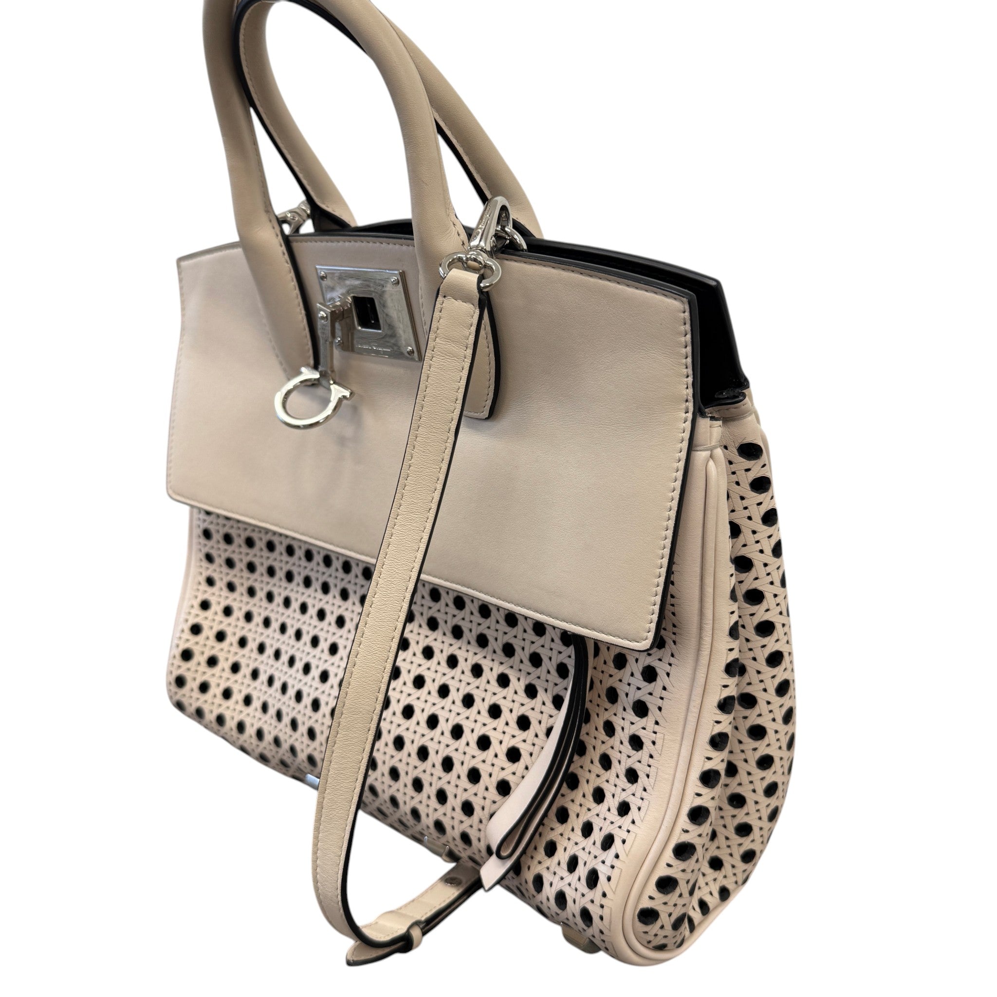 Women's Laser Cut Leather Studio Handbag Cream
