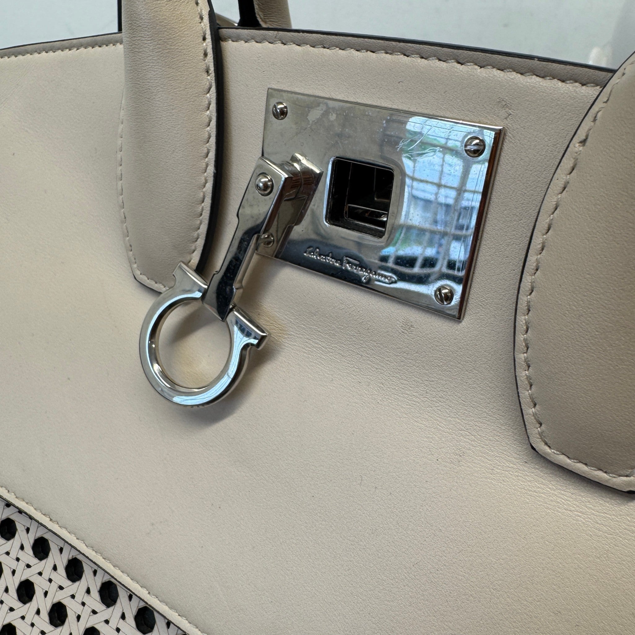 Women's Laser Cut Leather Studio Handbag Cream