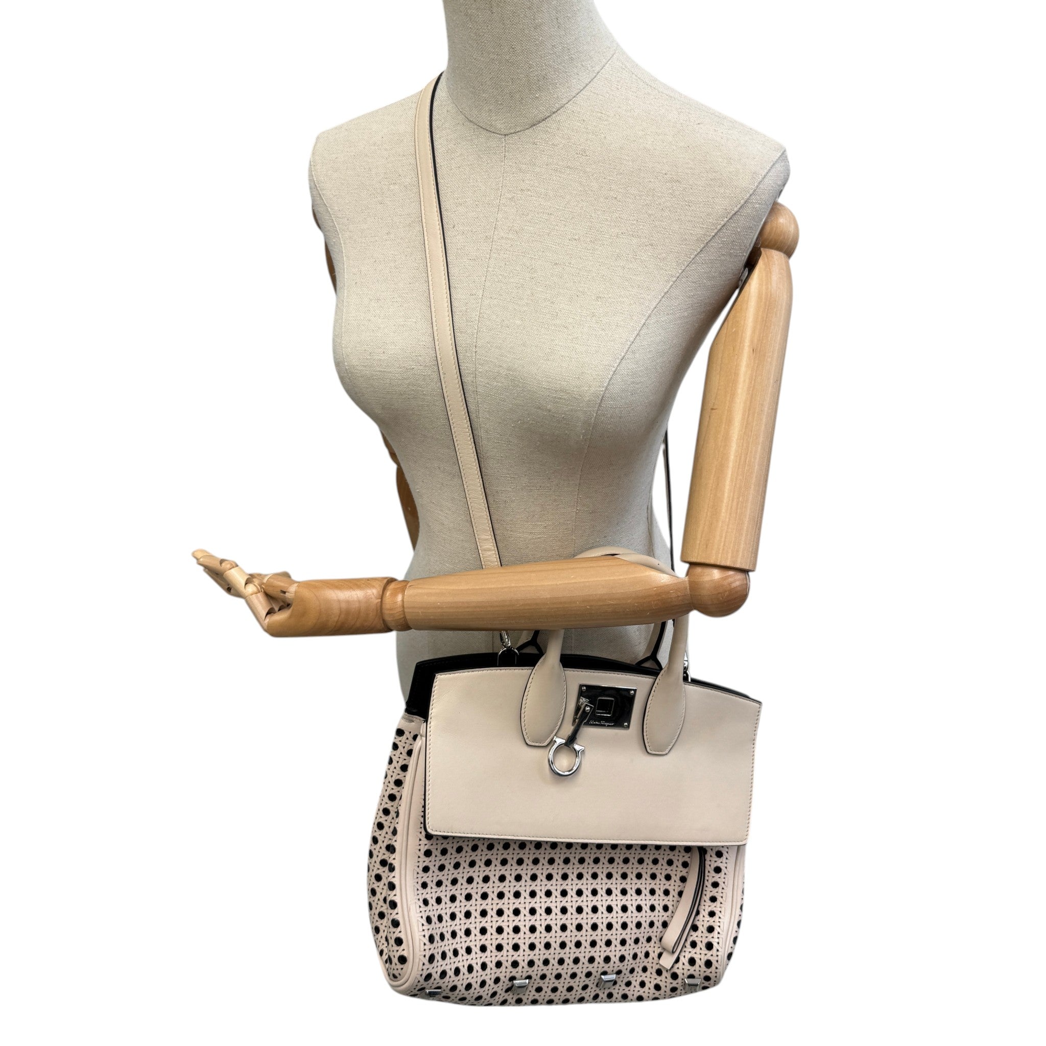 Women's Laser Cut Leather Studio Handbag Cream