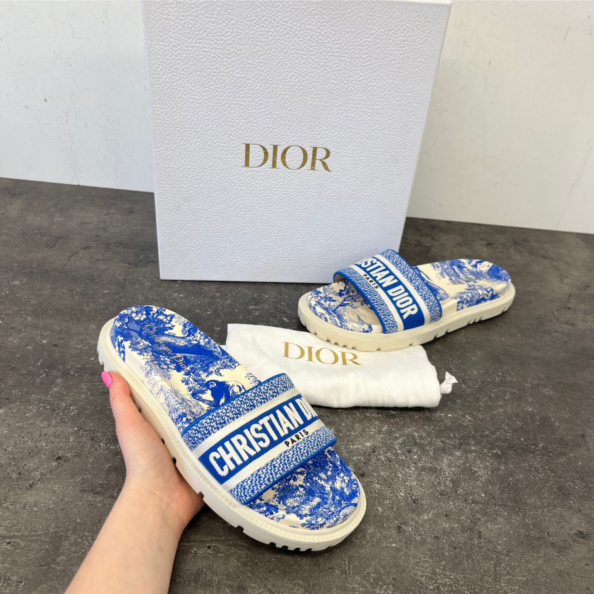 Women's Dway Toile De Jouy Slides Blue Size EU 39.5 / UK 6.5