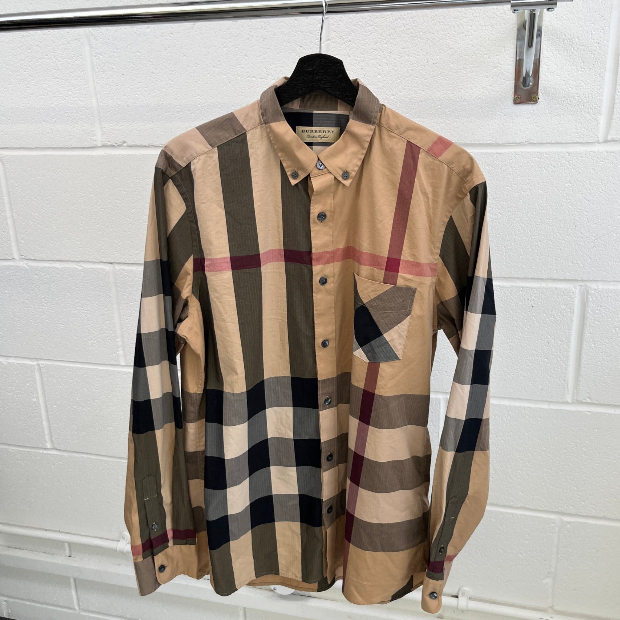 Men's Checkered Long Sleeve Shirt Beige Size L