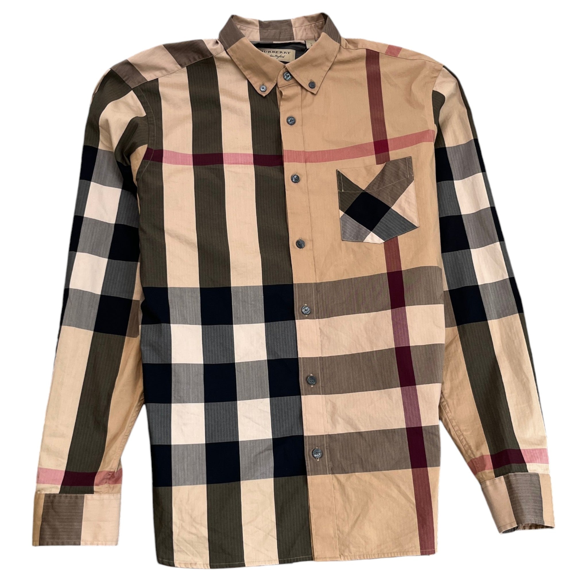 Men's Checkered Long Sleeve Shirt Beige Size L