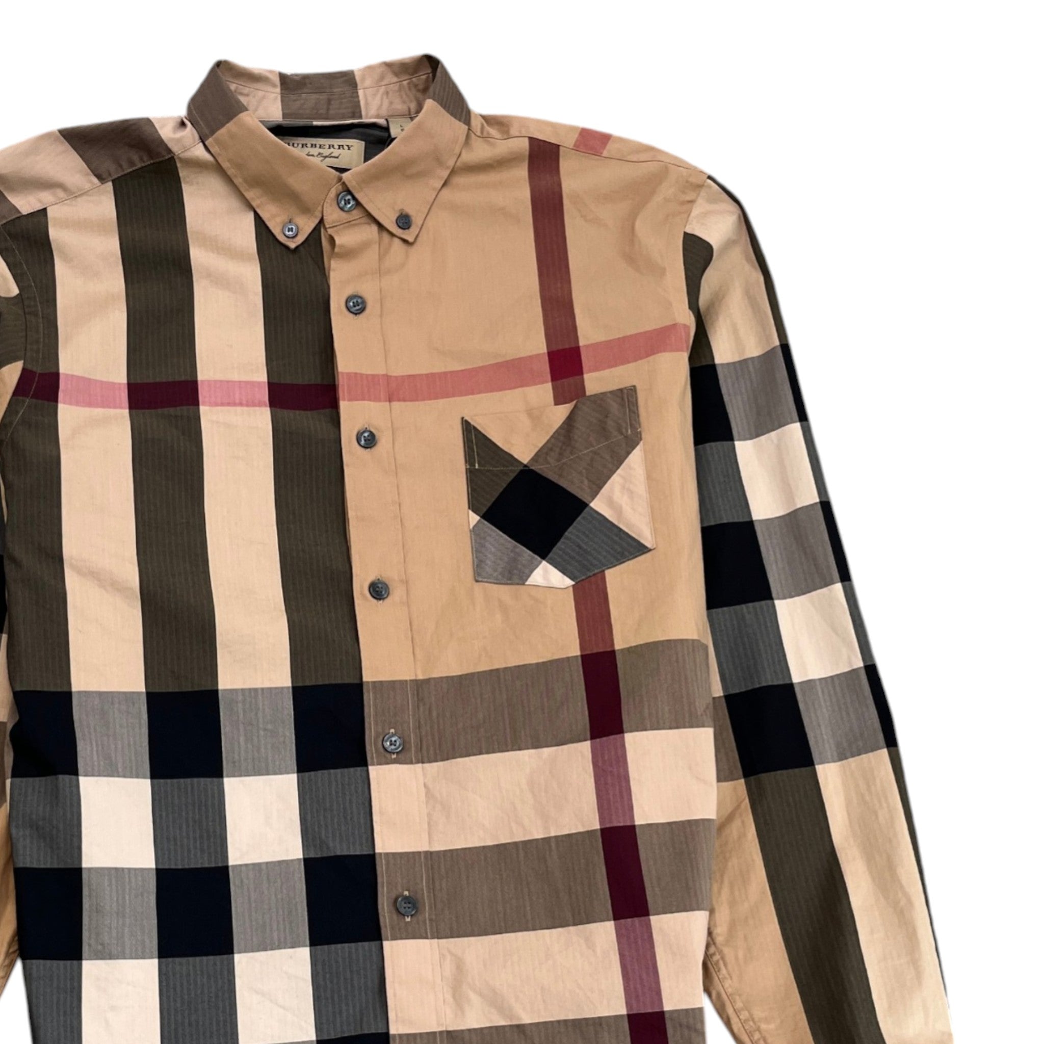 Men's Checkered Long Sleeve Shirt Beige Size L