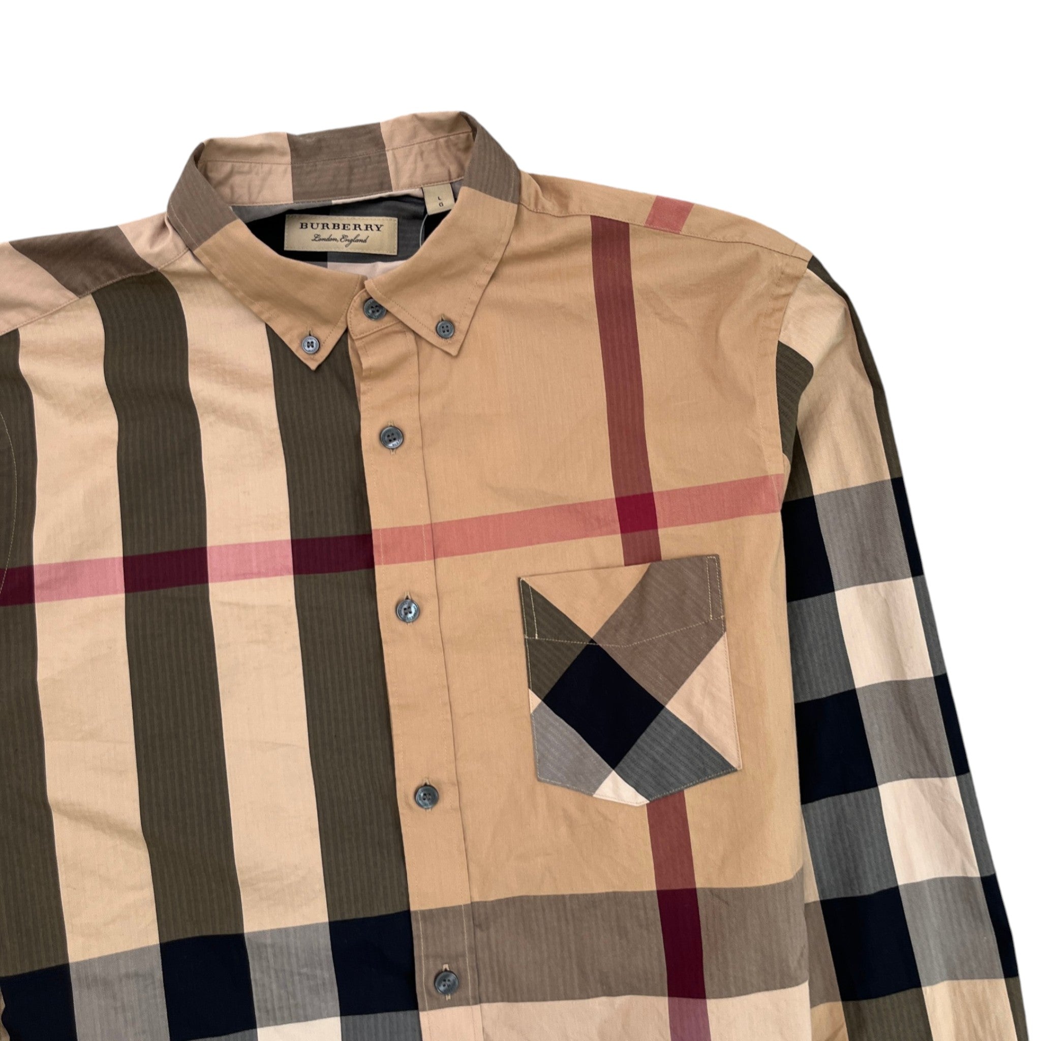 Men's Checkered Long Sleeve Shirt Beige Size L
