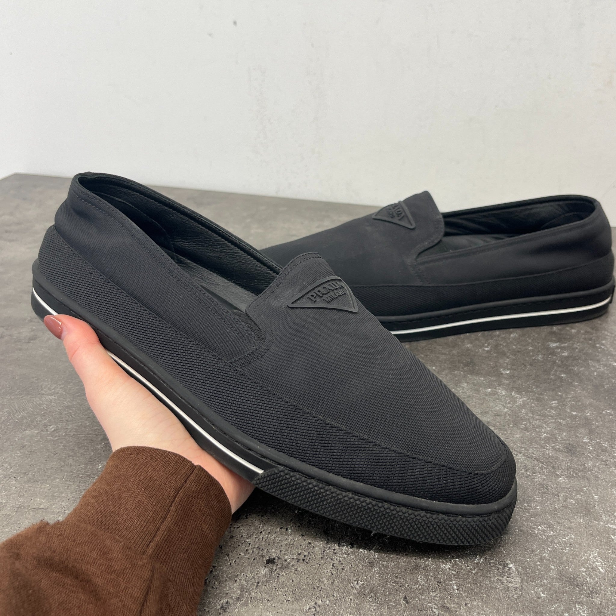 Men's Re-Nylon Plaque Logo Loafers Black Size EU 43 / UK 9