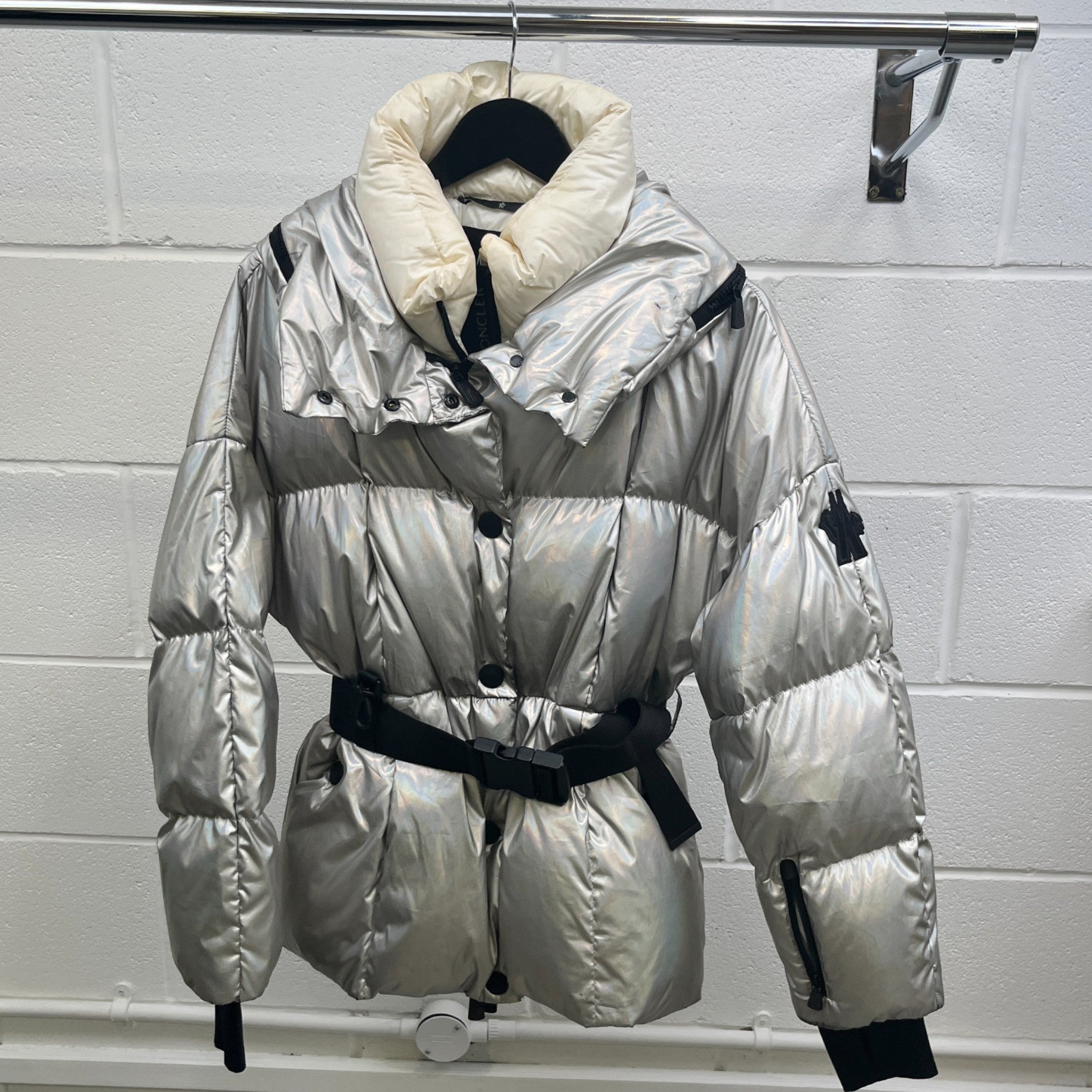 Women's Olligan Holographic Hooded Belted Down Jacket Silver Size 1 / UK 10
