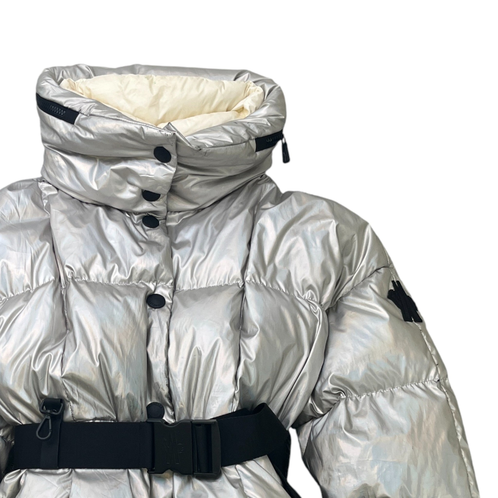 Women's Olligan Holographic Hooded Belted Down Jacket Silver Size 1 / UK 10