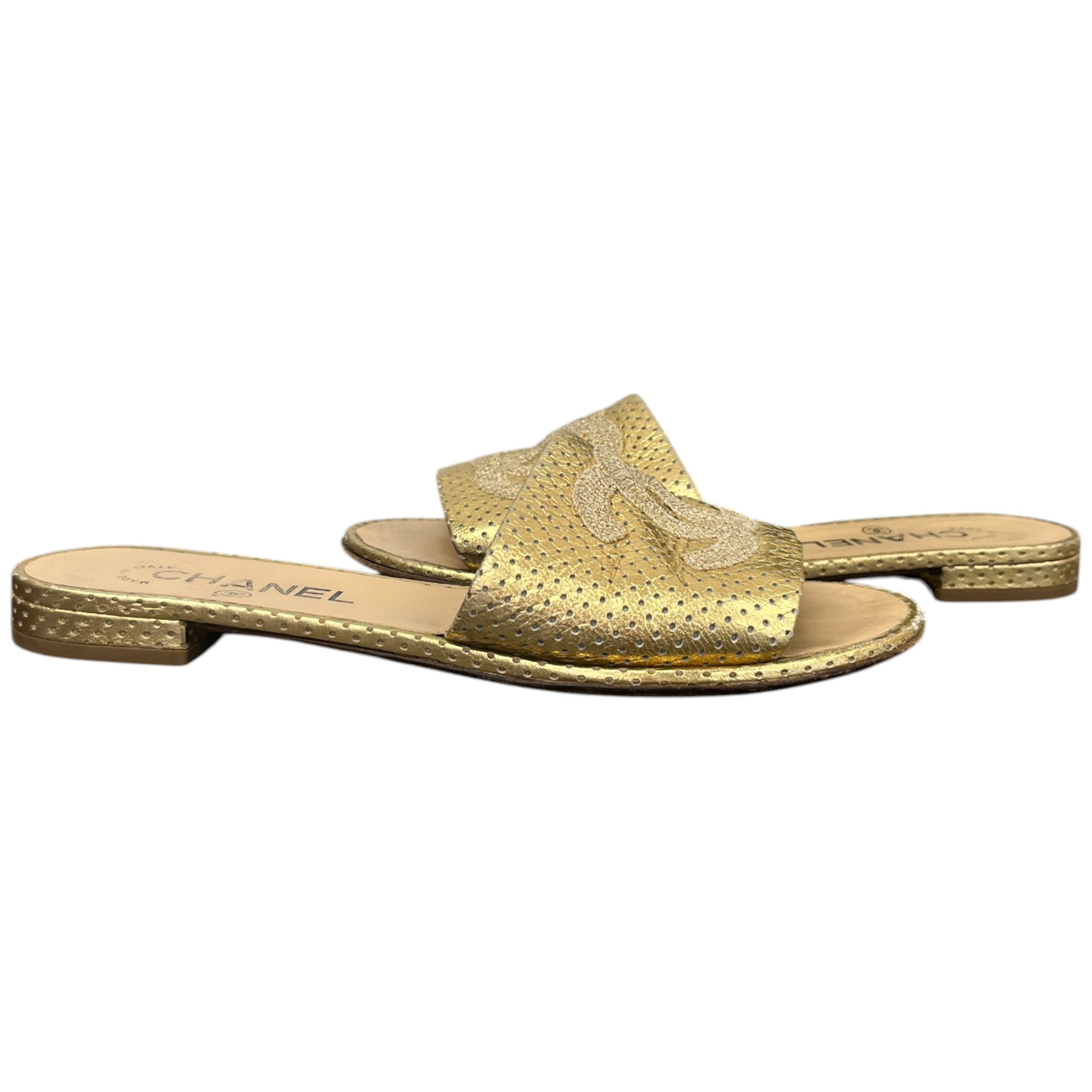 Women's Embroidered Logo Sandals Gold Size EU 37 / UK 4