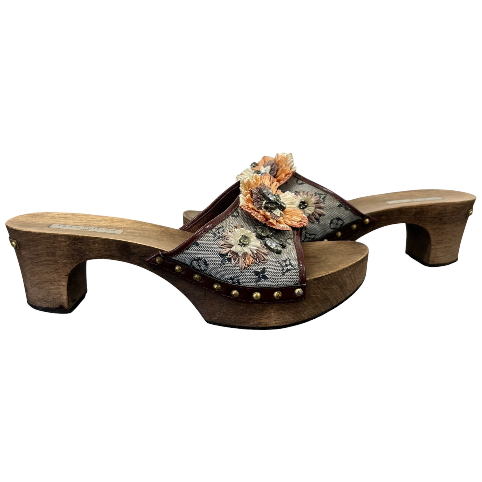 Women's Monogram Mini Lin Raffia Flower Wooden Mules Brown Size EU 39.5 / UK 6.5