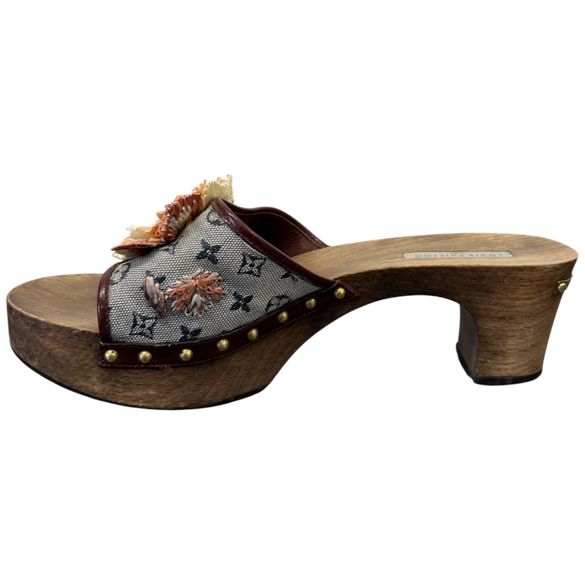 Women's Monogram Mini Lin Raffia Flower Wooden Mules Brown Size EU 39.5 / UK 6.5