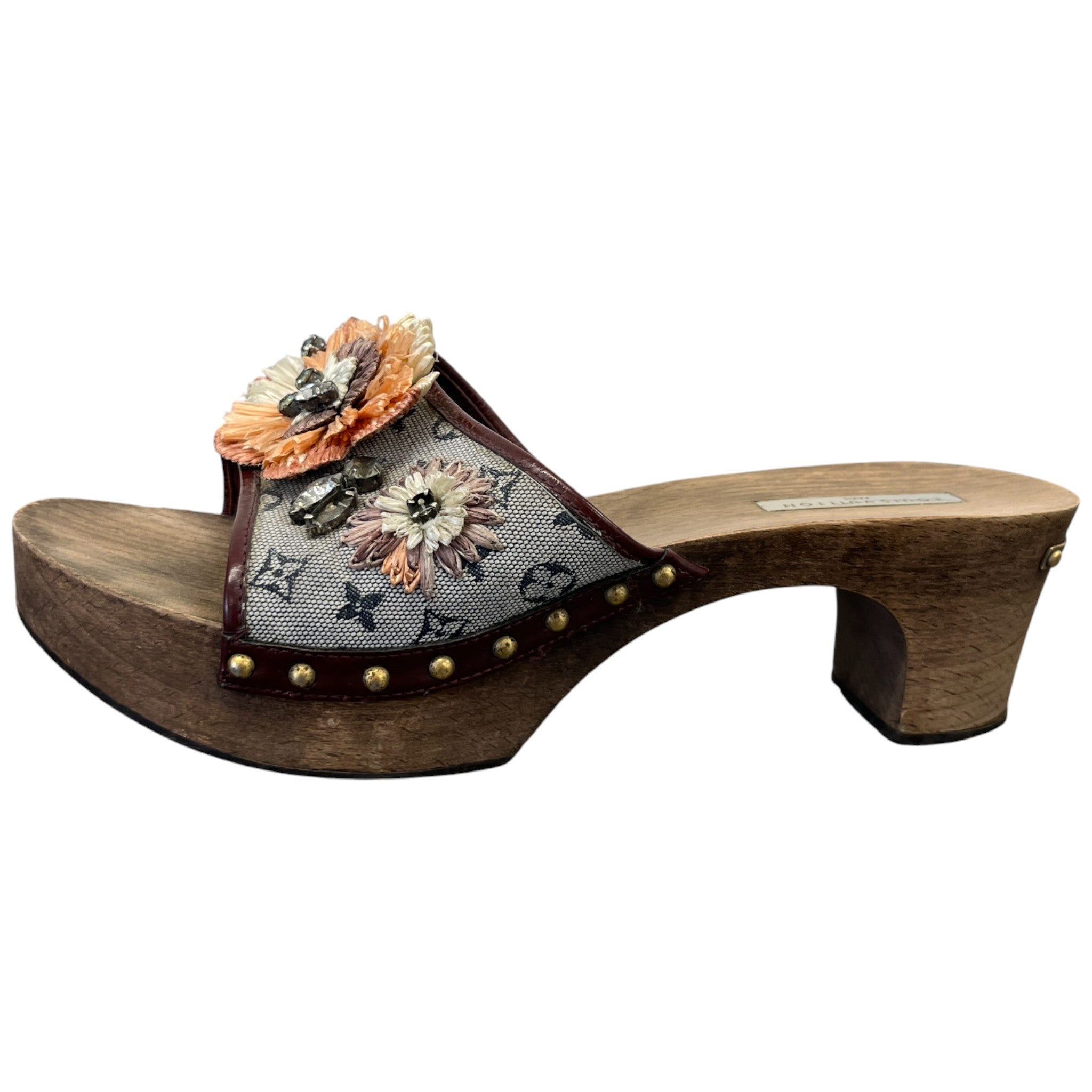 Women's Monogram Mini Lin Raffia Flower Wooden Mules Brown Size EU 39.5 / UK 6.5