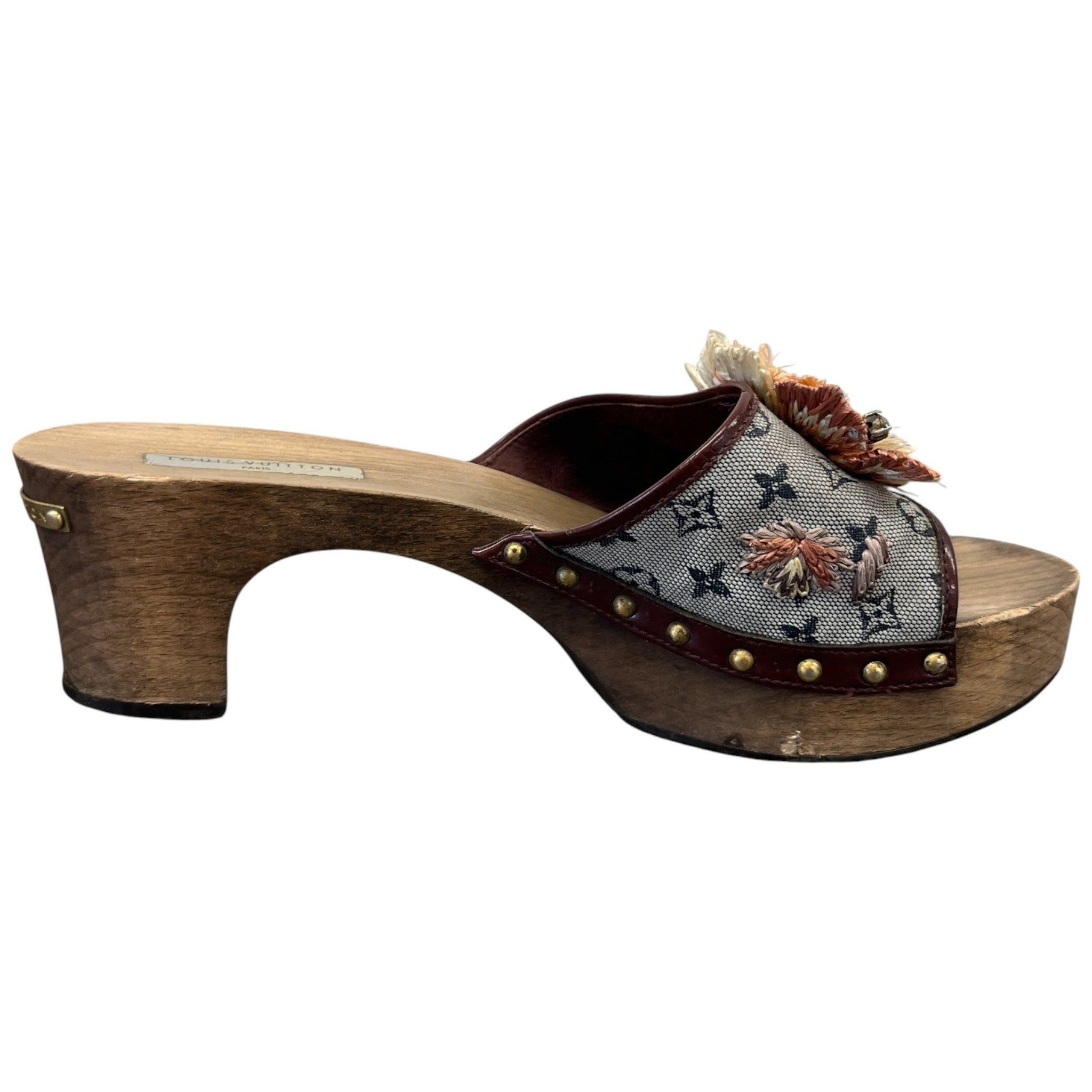 Women's Monogram Mini Lin Raffia Flower Wooden Mules Brown Size EU 39.5 / UK 6.5