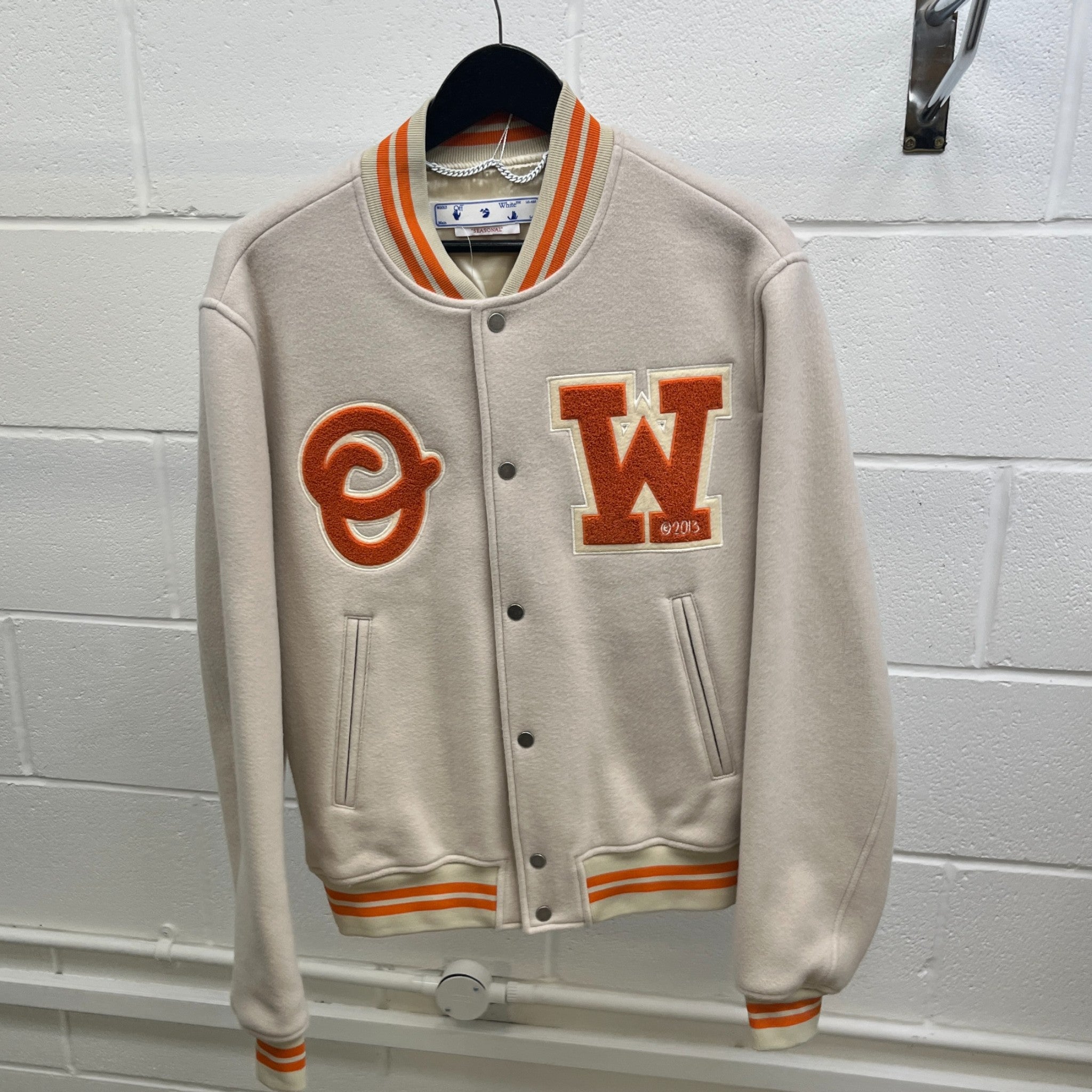 Men's Ow Patch Logo Varsity Jacket Beige Size L