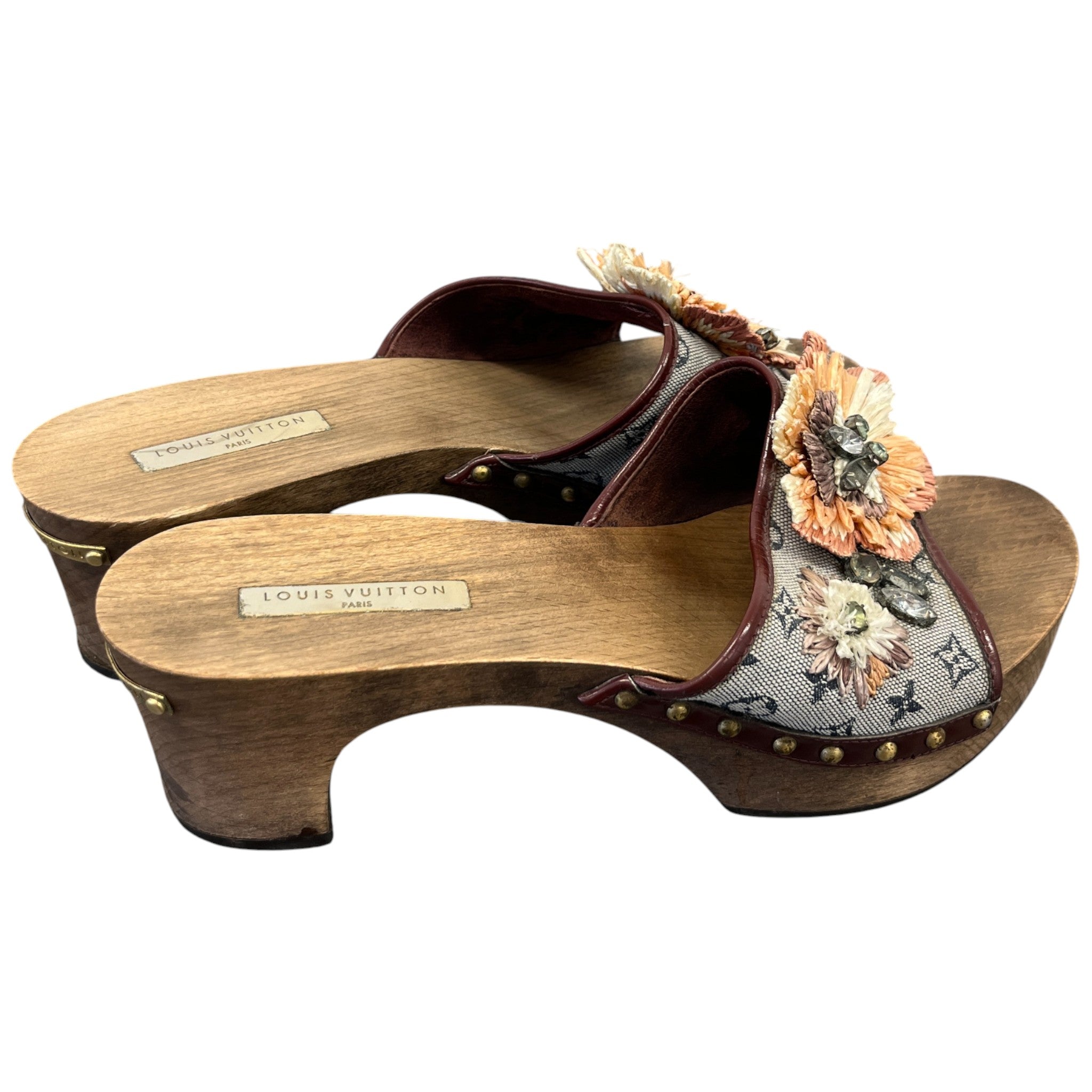 Women's Monogram Mini Lin Raffia Flower Wooden Mules Brown Size EU 39.5 / UK 6.5