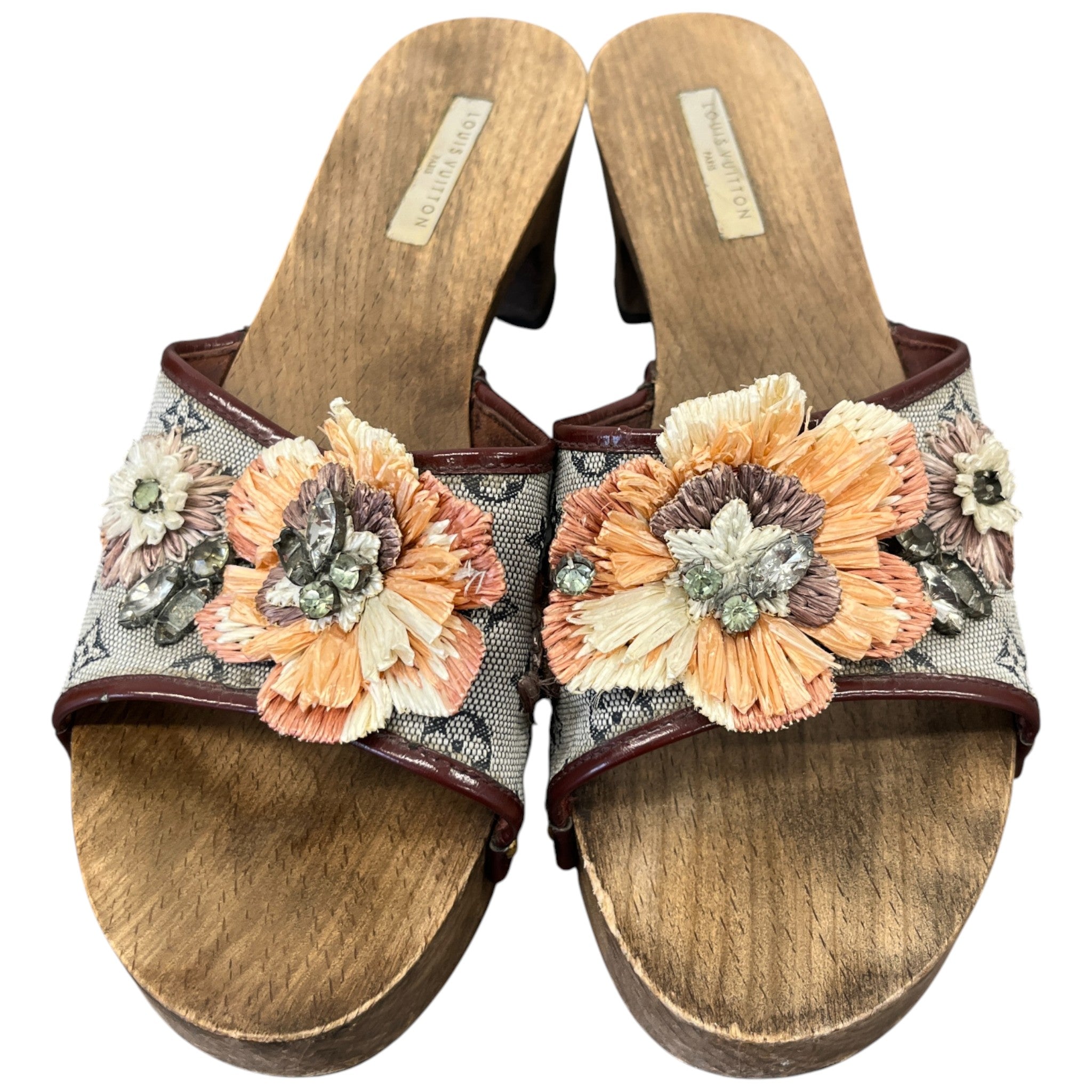 Women's Monogram Mini Lin Raffia Flower Wooden Mules Brown Size EU 39.5 / UK 6.5