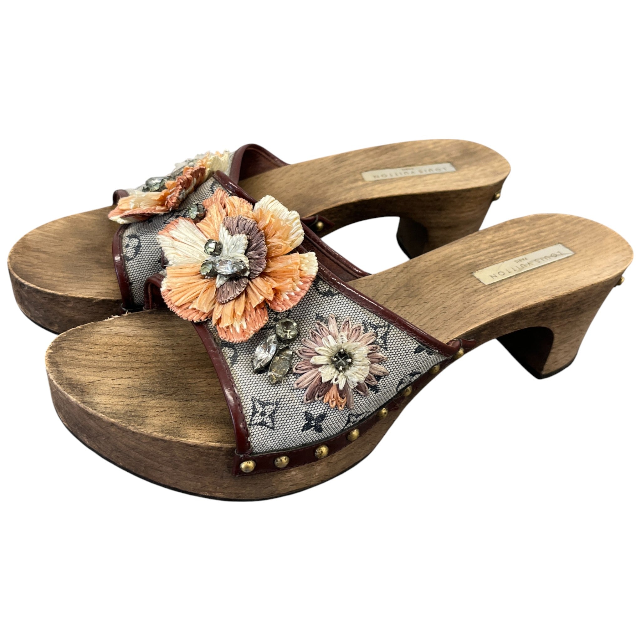 Women's Monogram Mini Lin Raffia Flower Wooden Mules Brown Size EU 39.5 / UK 6.5