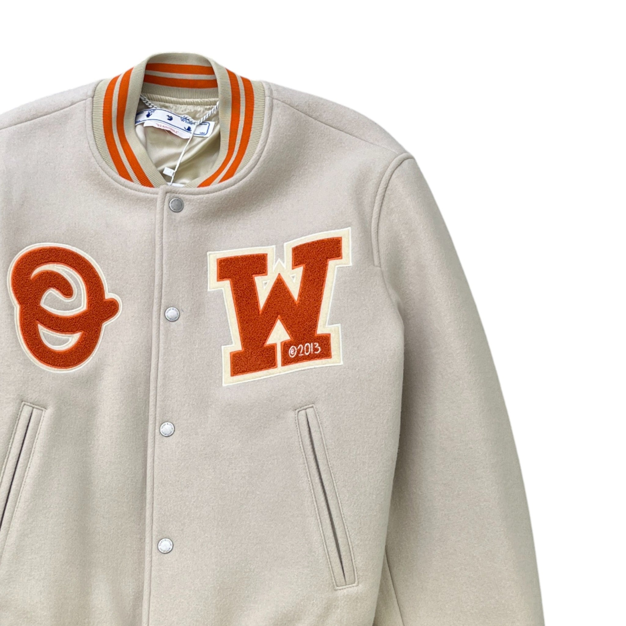 Men's Ow Patch Logo Varsity Jacket Beige Size L