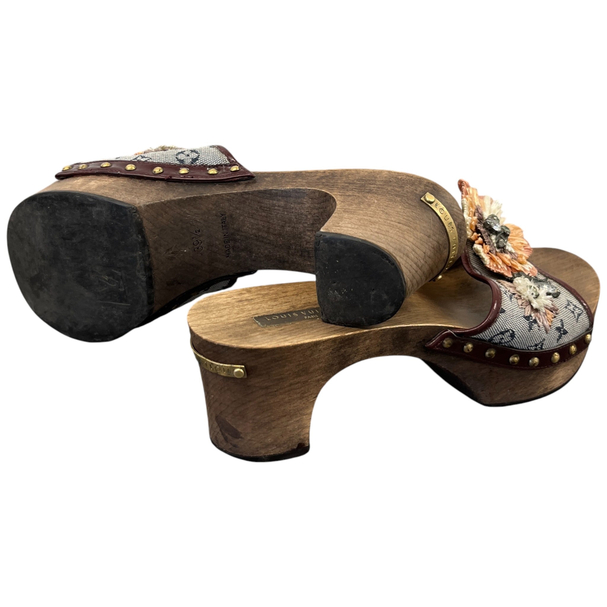 Women's Monogram Mini Lin Raffia Flower Wooden Mules Brown Size EU 39.5 / UK 6.5