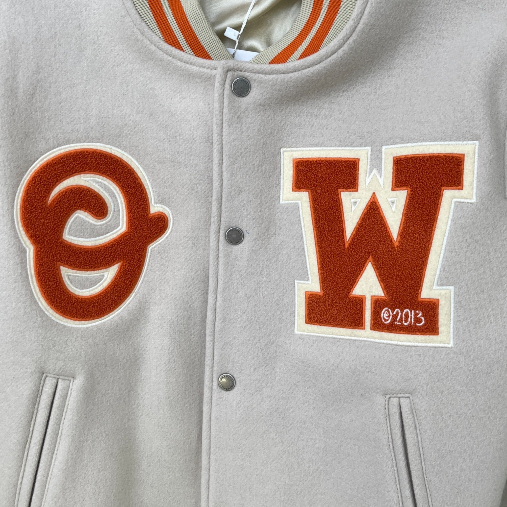 Men's Ow Patch Logo Varsity Jacket Beige Size L