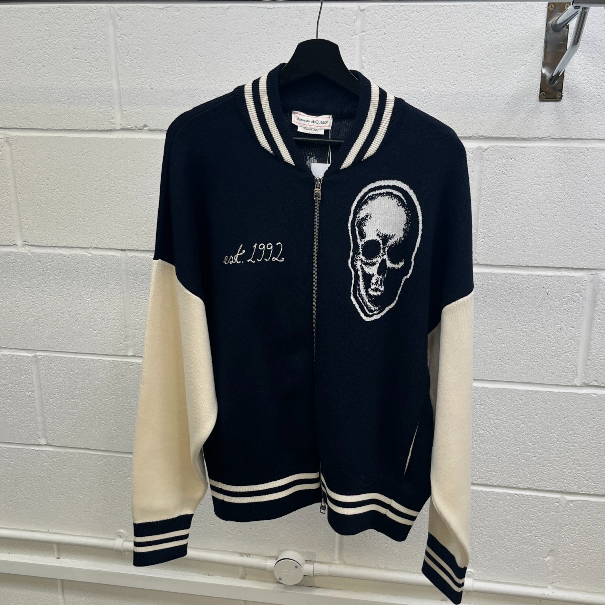 Men's Embroidered Logo Varsity Jacket Navy Size M