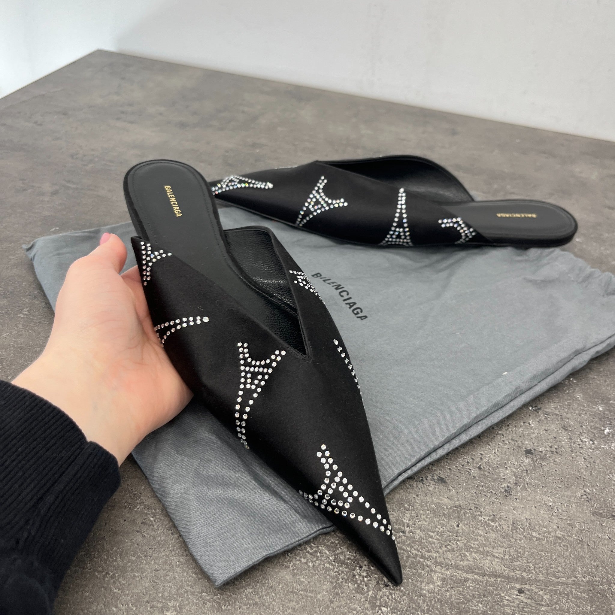 Women's Knife Satin Rhinestone Eiffel Tower Mules Black Size EU 38.5 / UK 5.5