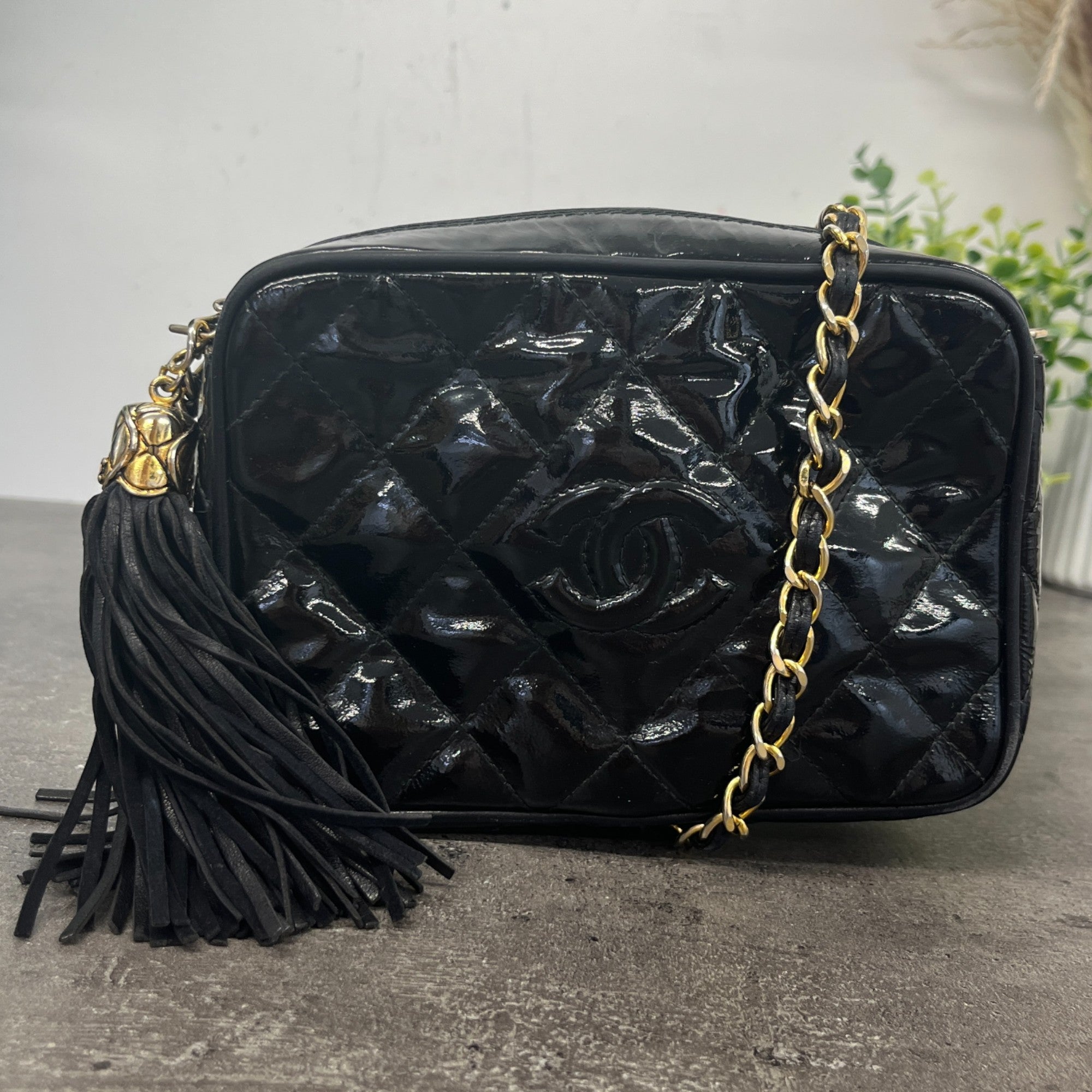 Women's Patent Small Camera Bag Black