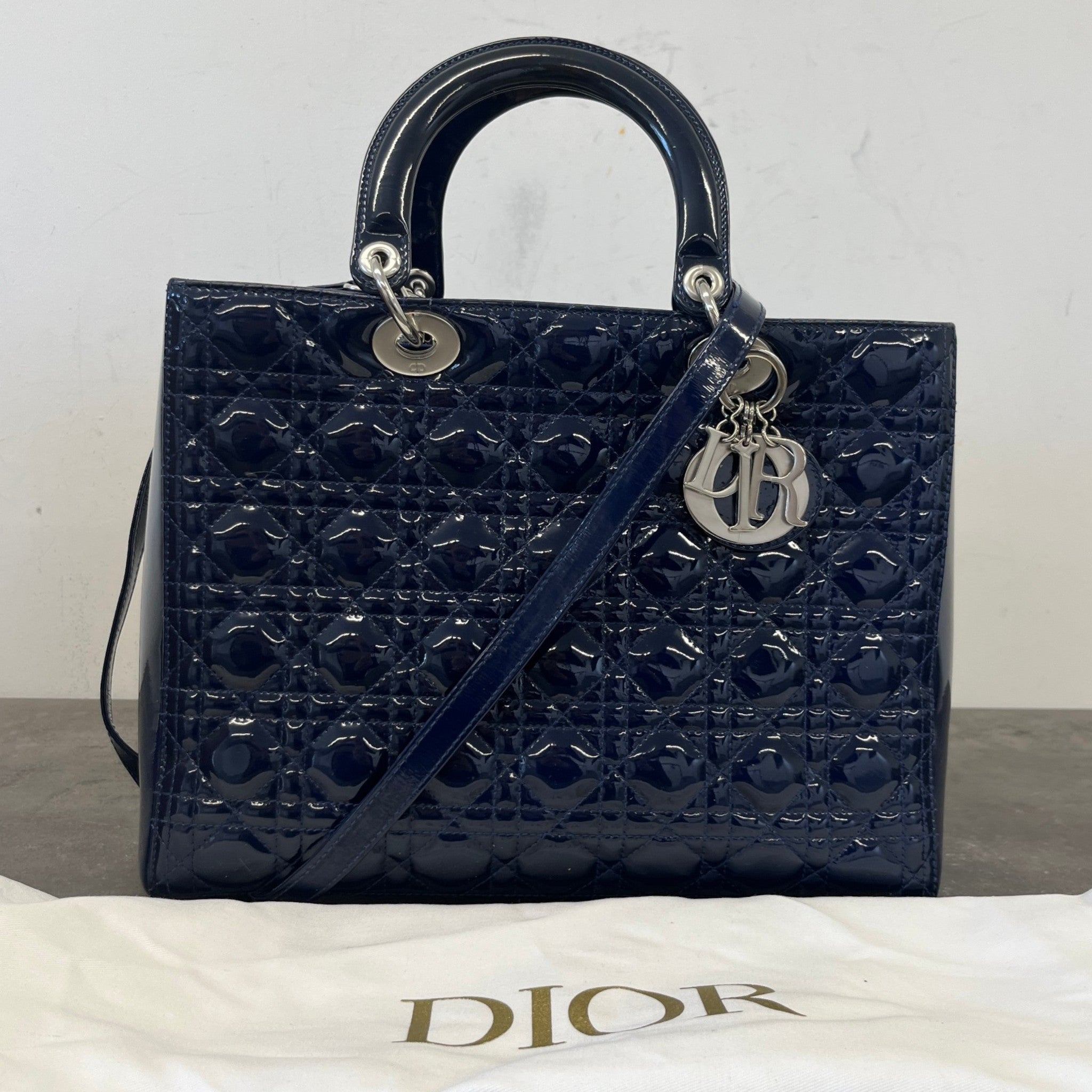 Women's Large Lady Dior Tote Patent Bag Navy