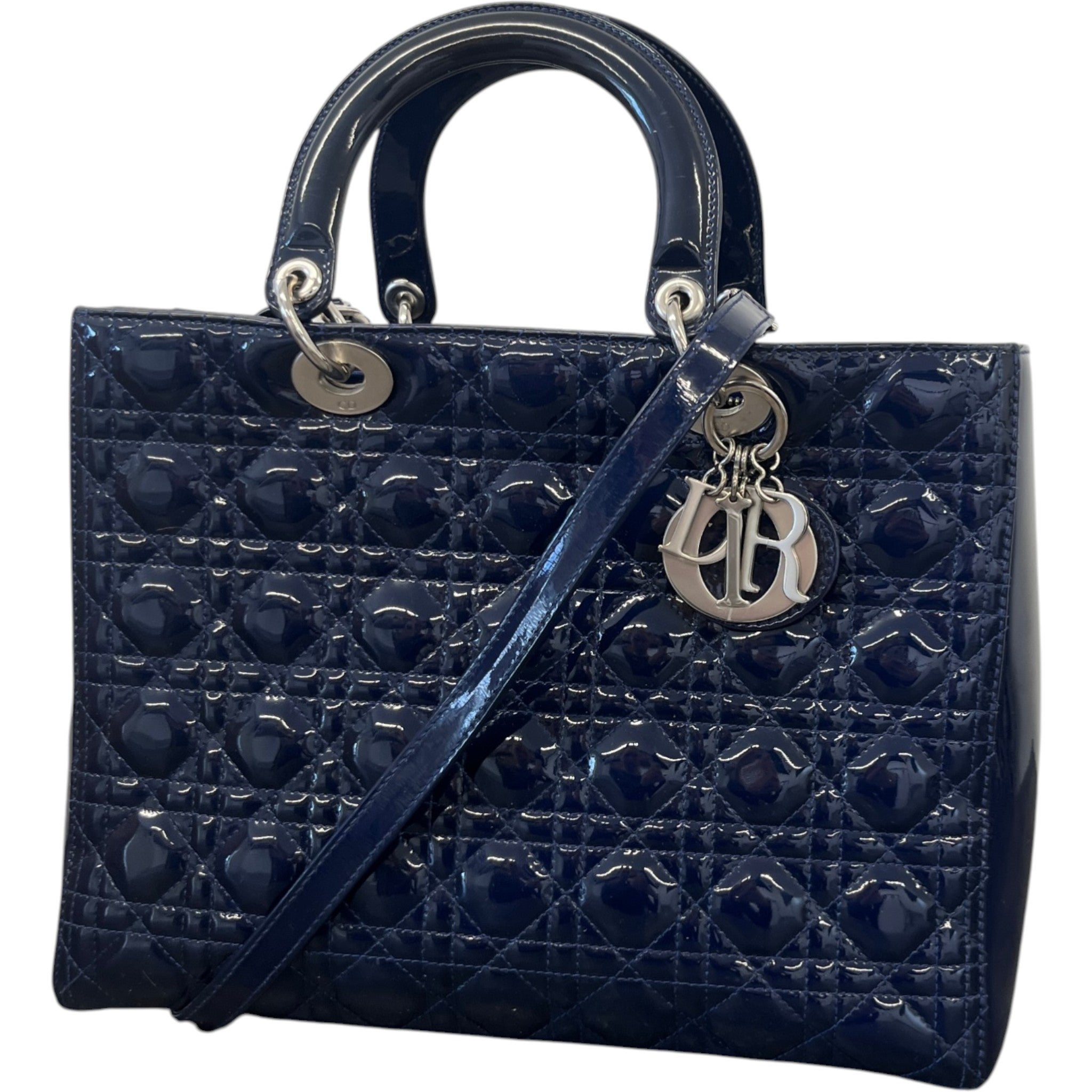 Women's Large Lady Dior Tote Patent Bag Navy