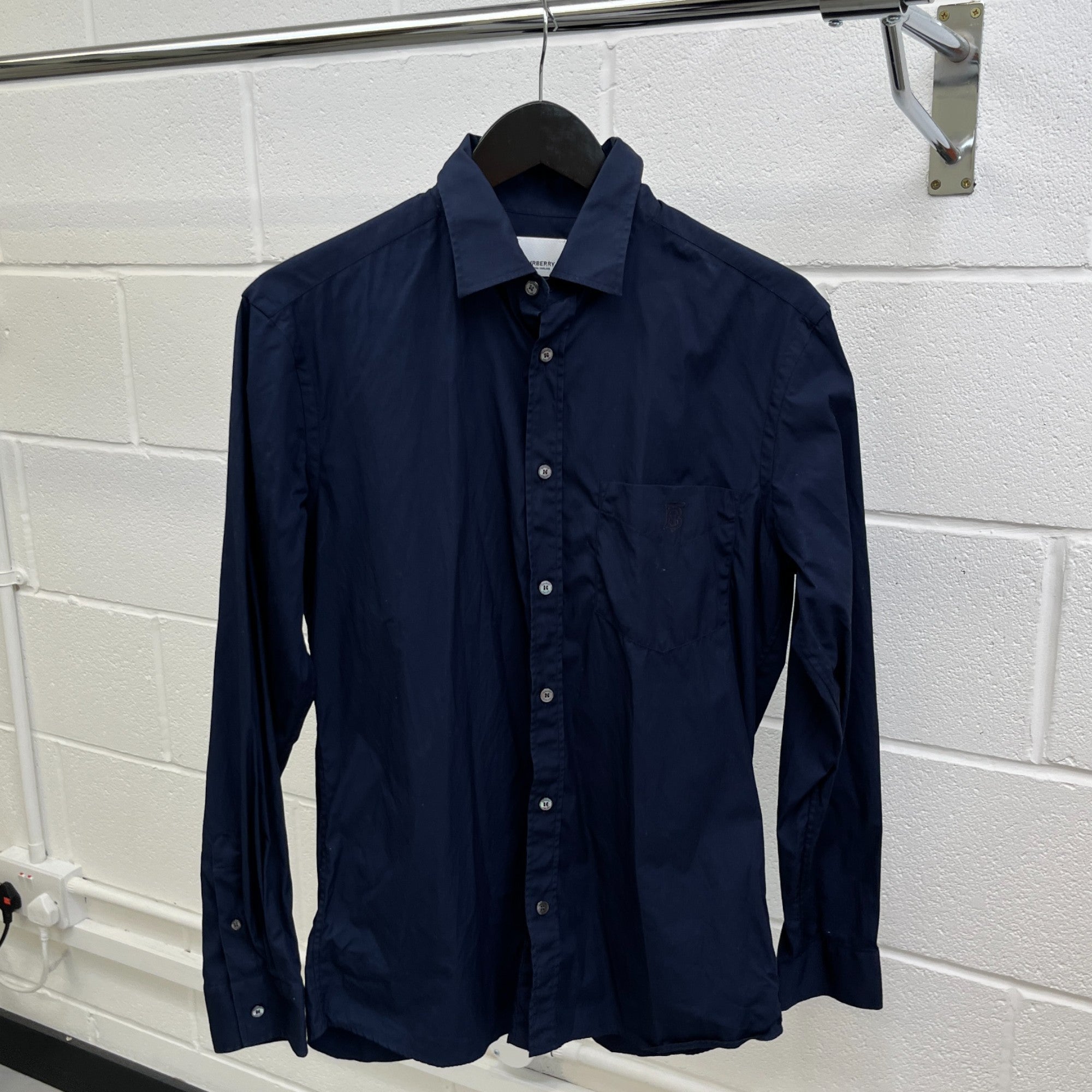 Men's Embroidered Pocket Logo Long Sleeve Shirt Navy Size M