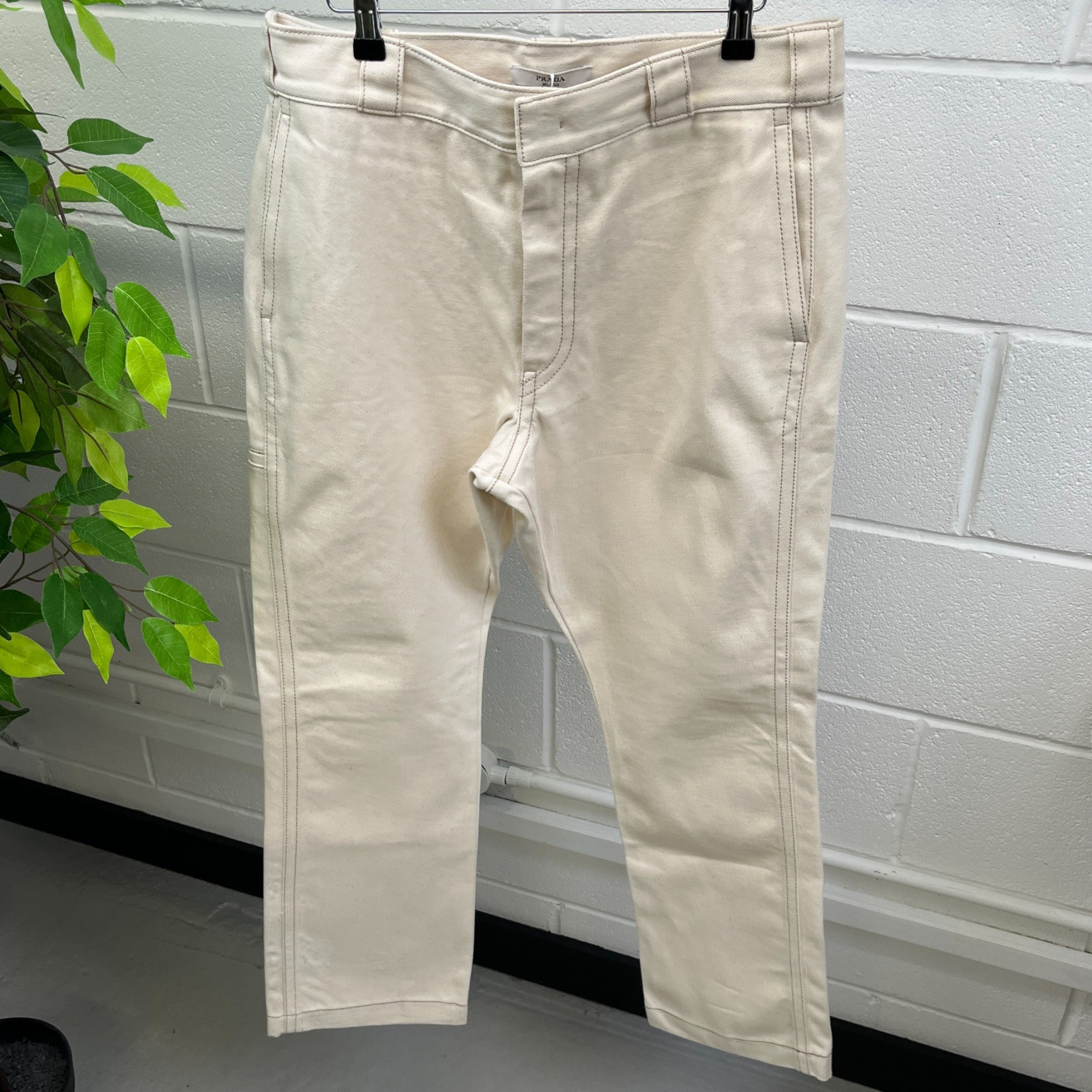 Men's Plaque Logo Worn Bull Denim Straight Jeans Cream Size IT 48 / UK 32