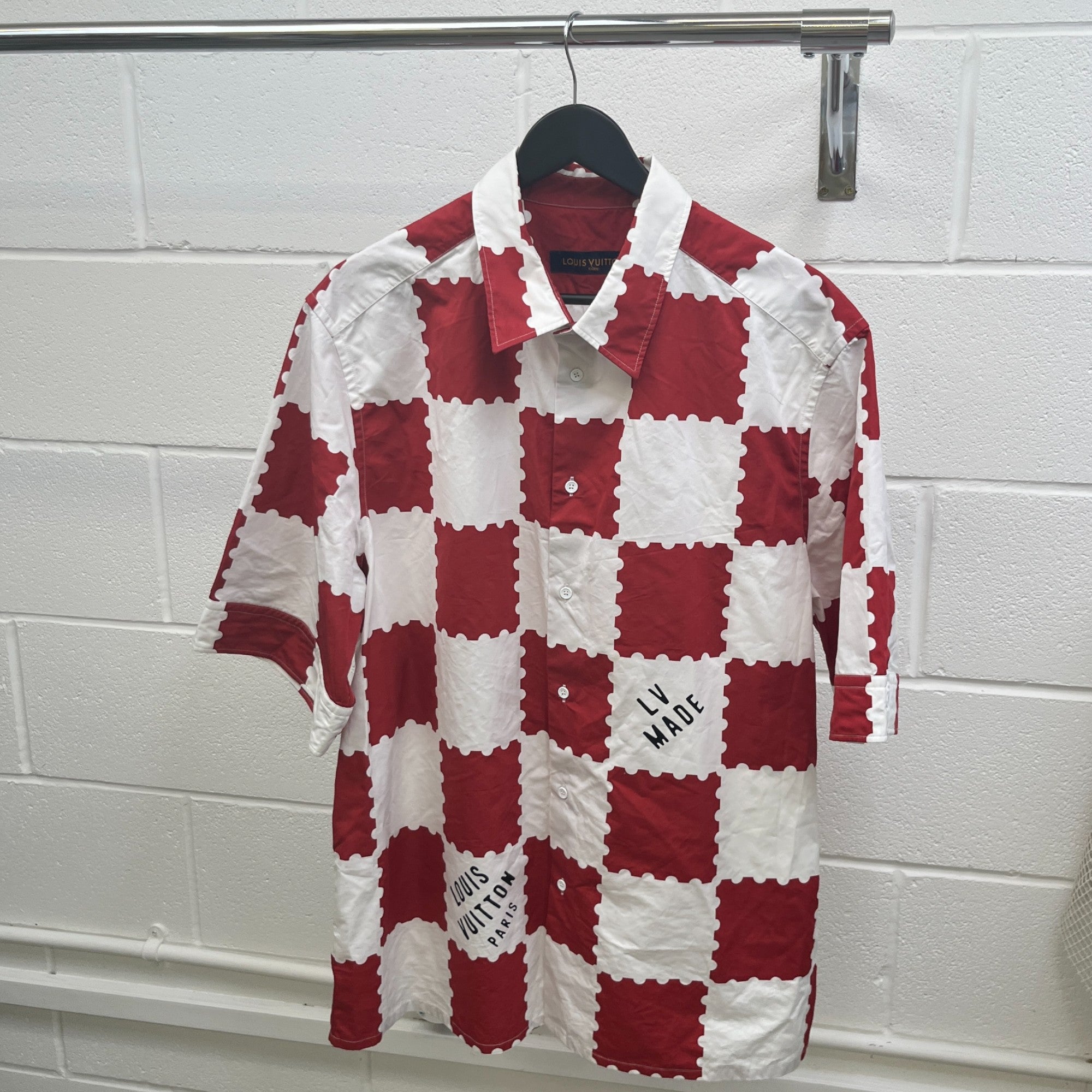 Men's Checkered Print Short Sleeve Shirt Red Size XXL