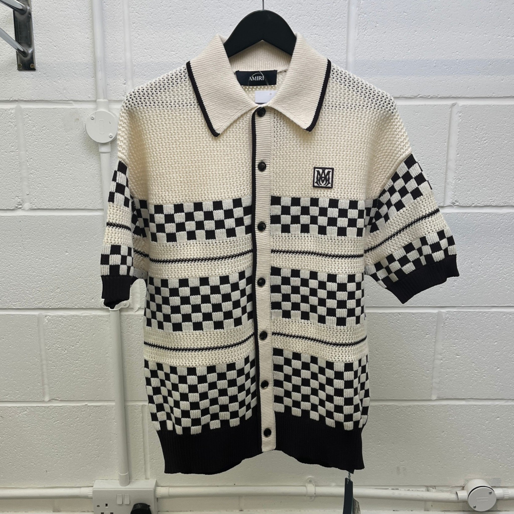 Men's Checkered Mesh Logo Patch Shirt Cream Size S