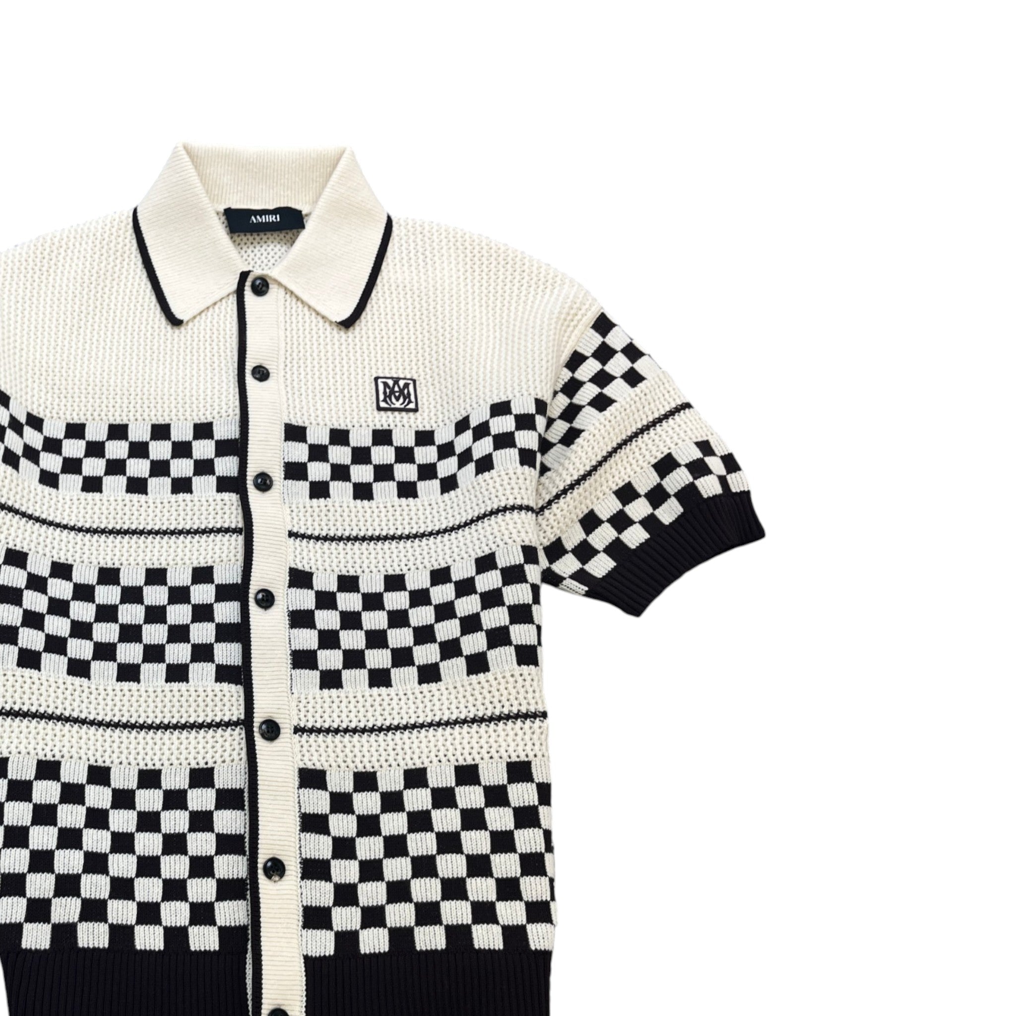 Men's Checkered Mesh Logo Patch Shirt Cream Size S