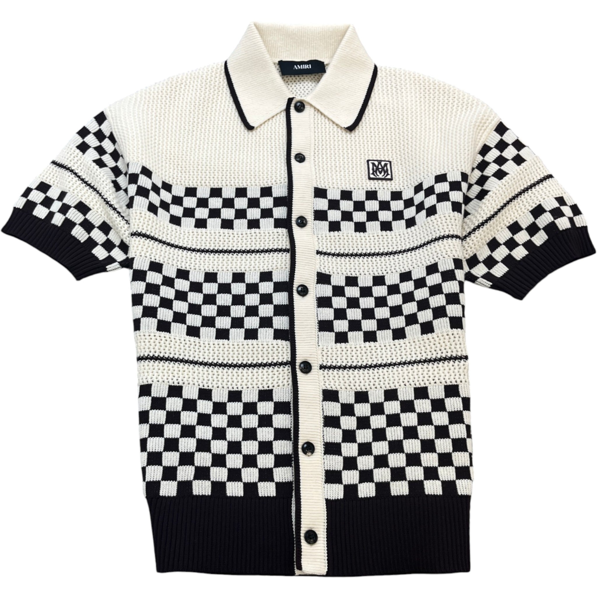 Men's Checkered Mesh Logo Patch Shirt Cream Size S