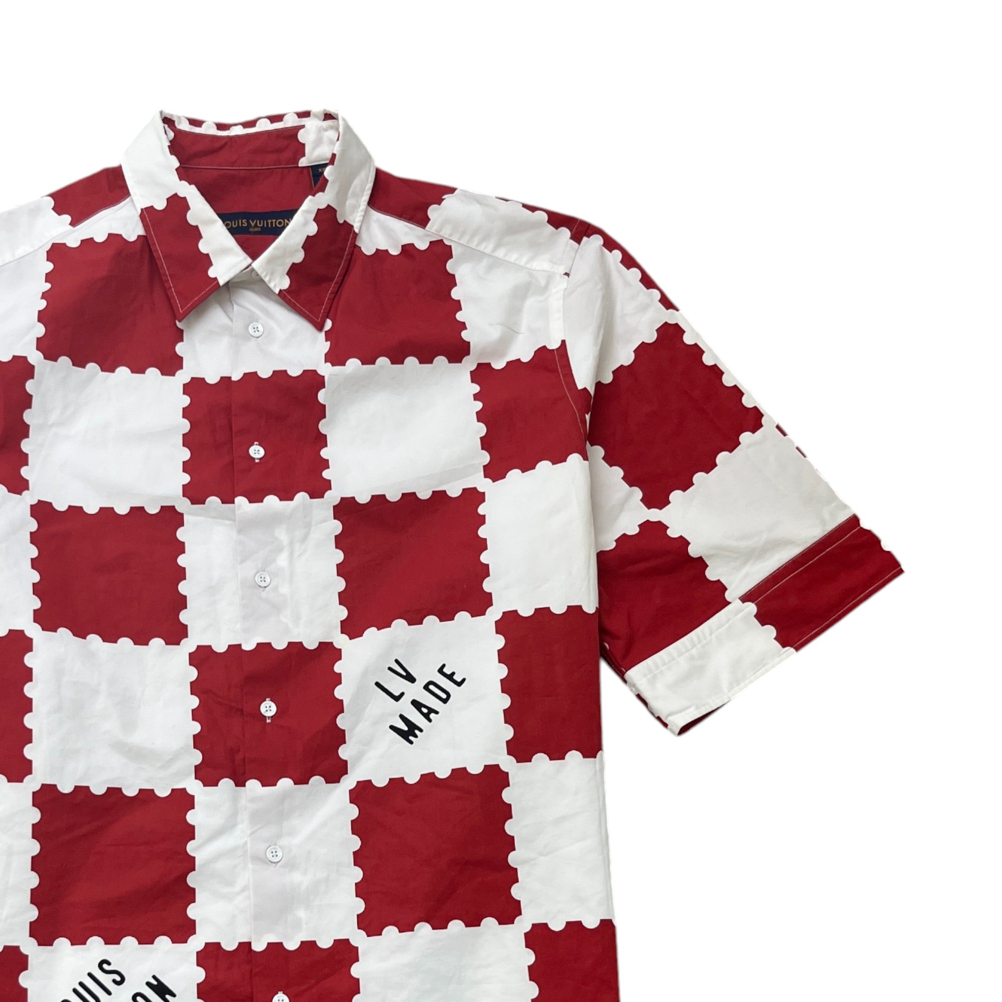 Men's Checkered Print Short Sleeve Shirt Red Size XXL